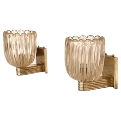 Retro Italian Brass and Murano Glass Wall Lights or Sconces in Art Deco Style, 1990s