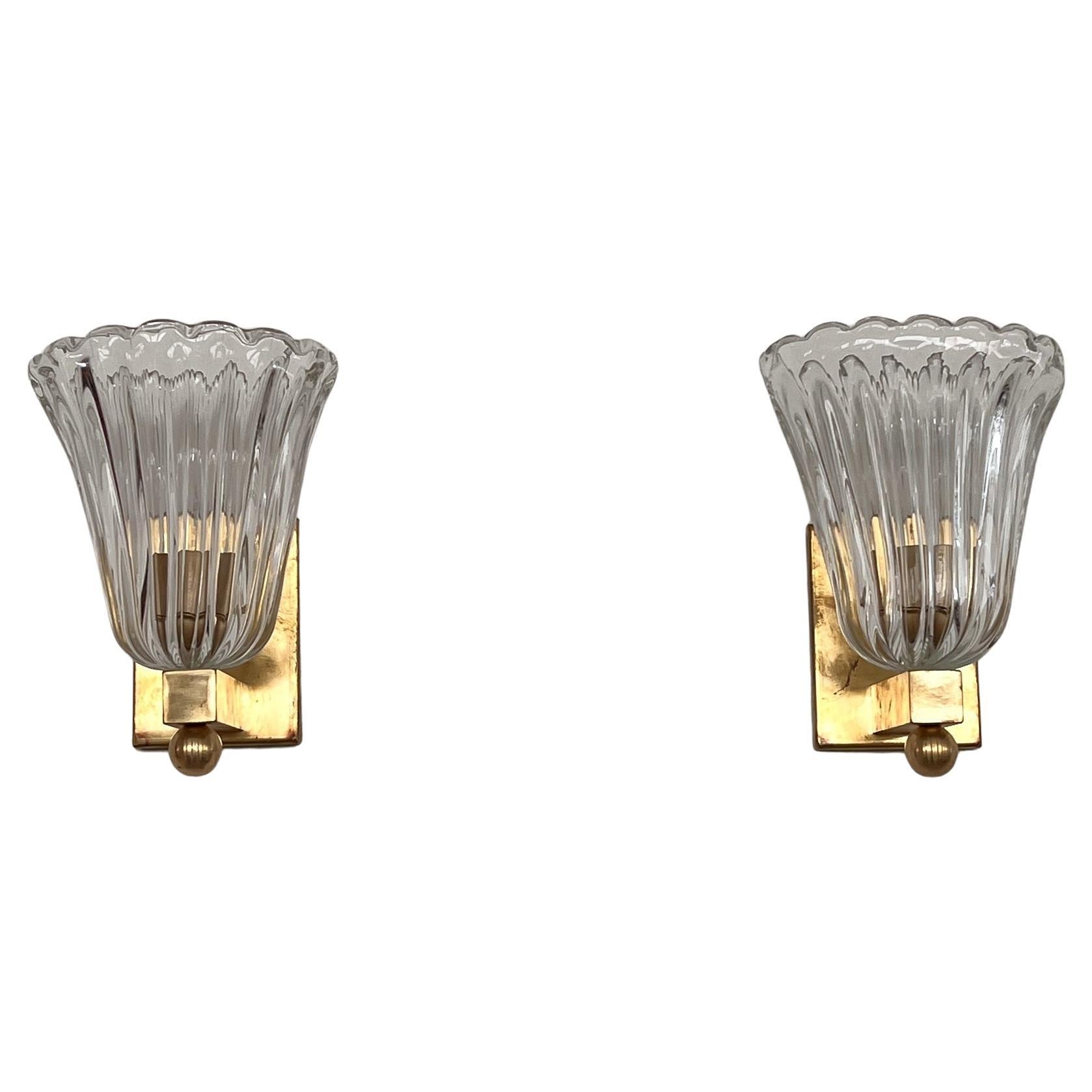 Italian Brass and Murano Glass Wall Lights or Sconces in Art Deco Style, 1990s