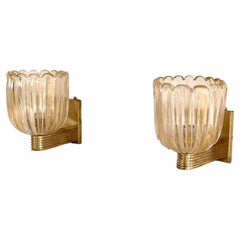 Vintage Italian Brass and Murano Glass Wall Lights or Sconces in Art Deco Style, 1990s