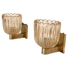 Italian Brass and Murano Glass Wall Lights or Sconces in Art Deco Style, 1990s