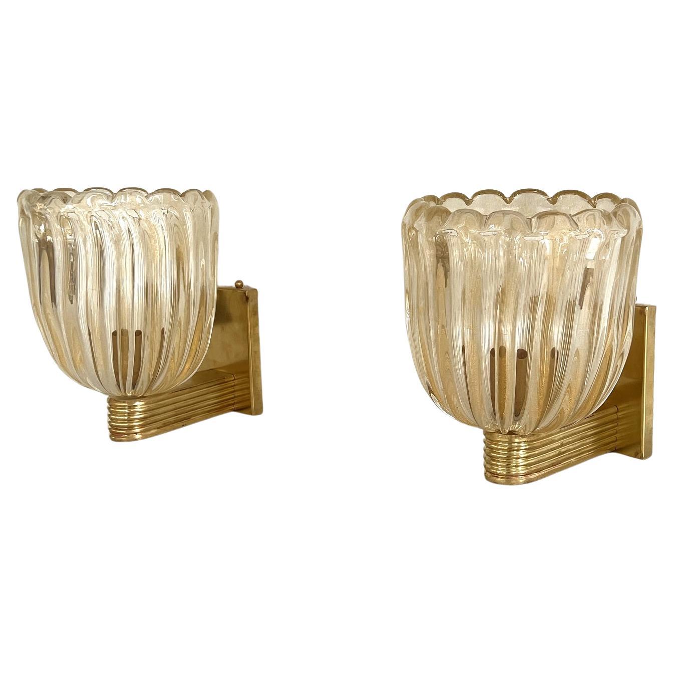 Italian Brass and Murano Glass Wall Lights or Sconces in Art Deco Style, 1990s For Sale