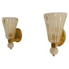Vintage Italian Brass and Murano Glass Wall Lights or Sconces in Art Deco Style, 1990s