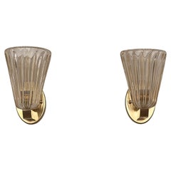 Vintage Italian Brass and Murano Glass Wall Lights or Sconces in Art Deco Style, 1990s