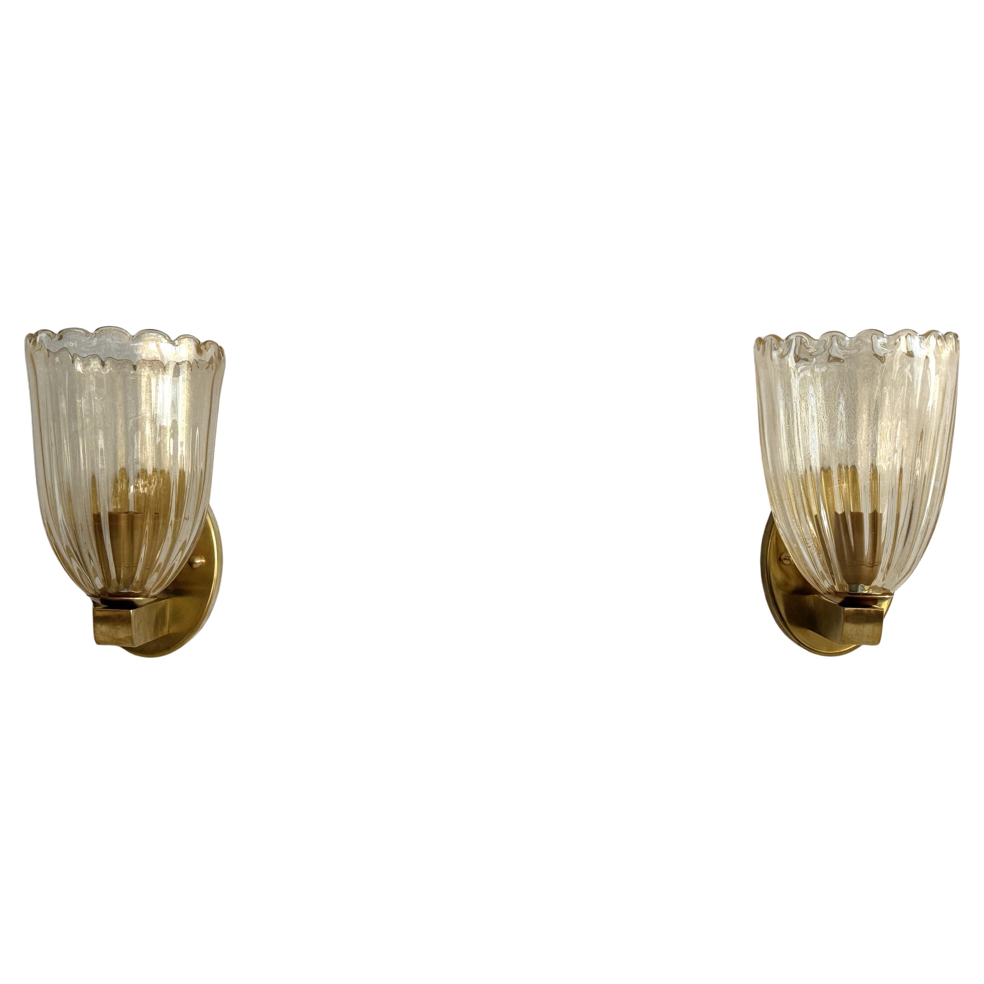 Italian Brass and Murano Glass Wall Lights or Sconces in Art Deco Style, 1990s