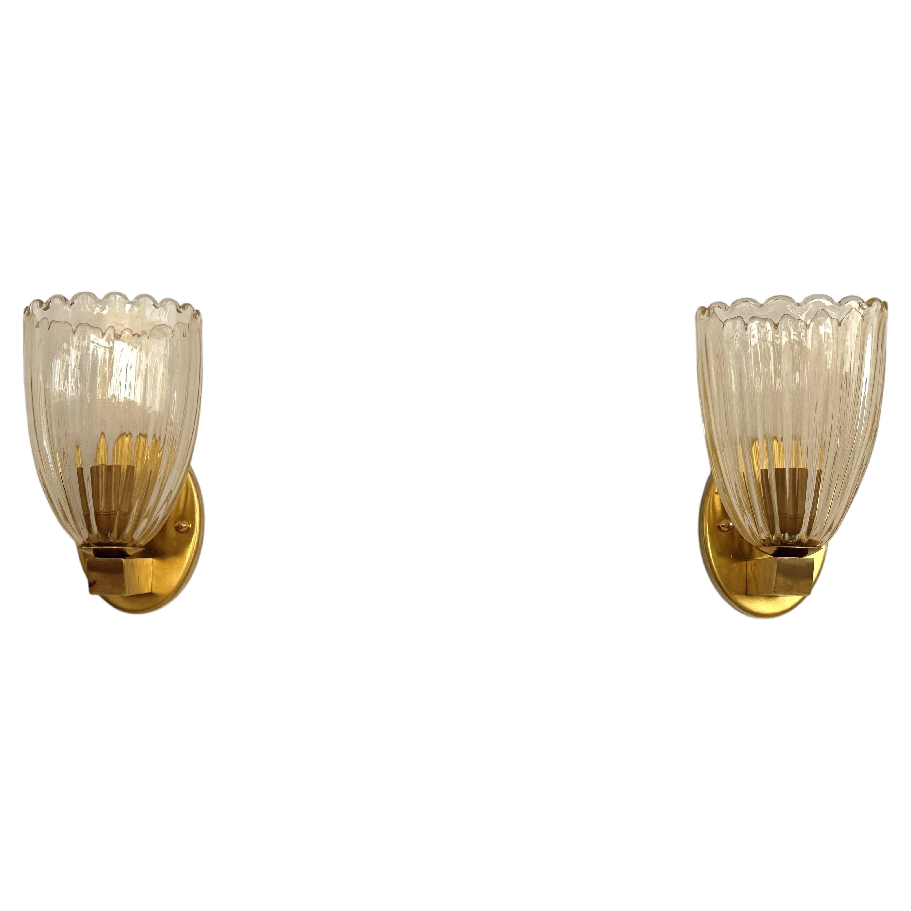 Italian Brass and Murano Glass Wall Lights or Sconces in Art Deco Style, 1990s