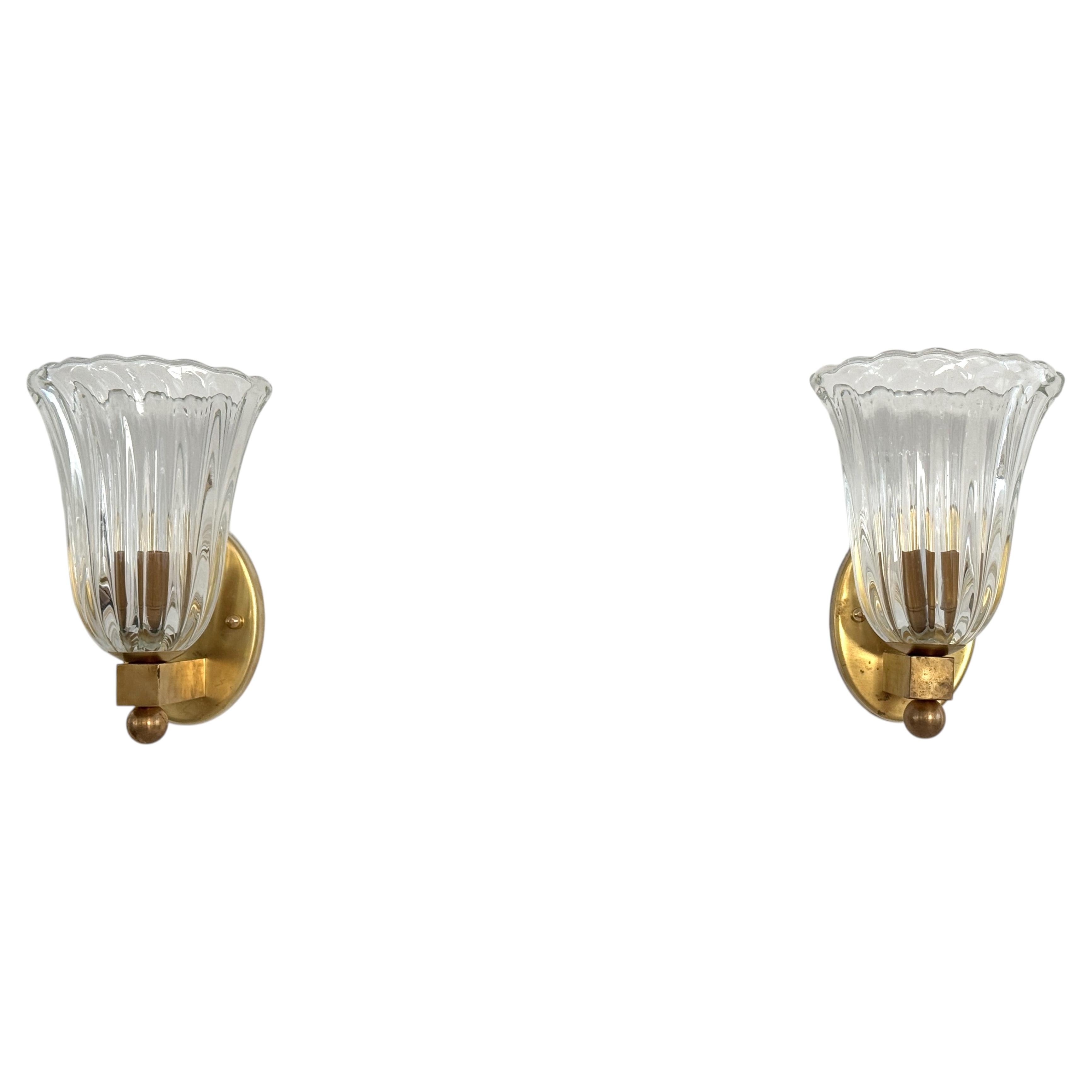 Italian Brass and Murano Glass Wall Sconces in Art Deco Style, 1990s