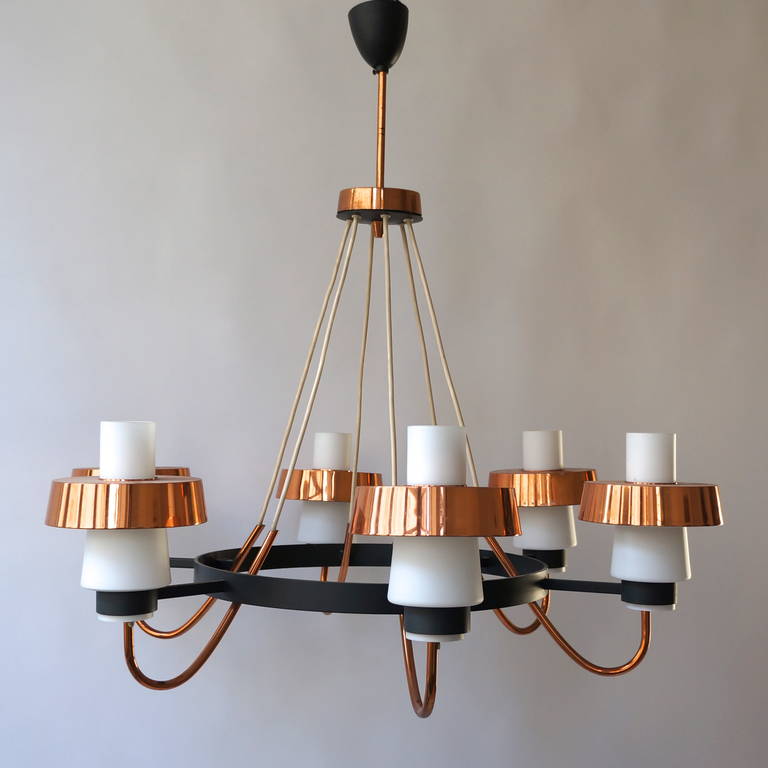 Copper Italian Brass and Murano Opaline Glass Chandelier