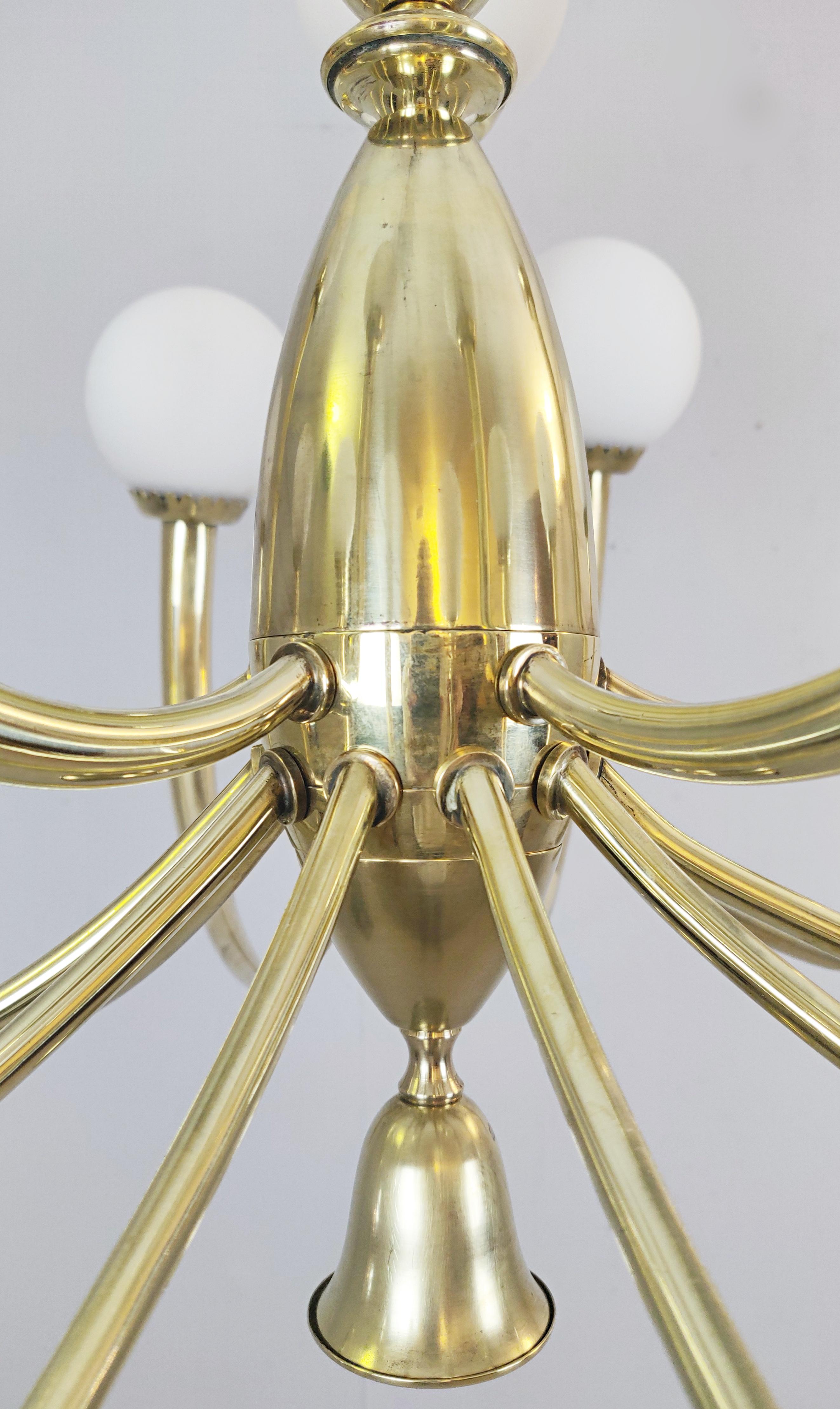 20th Century Italian Brass and Opaline Chandelier For Sale