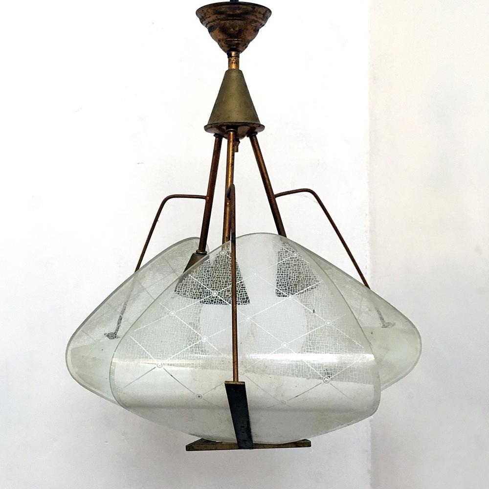 Mid-Century Modern Italian Brass and Opaline Glass, Three Lights Structure Ceiling Lamp, 1950s