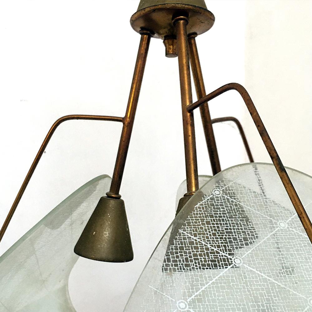 Mid-20th Century Italian Brass and Opaline Glass, Three Lights Structure Ceiling Lamp, 1950s