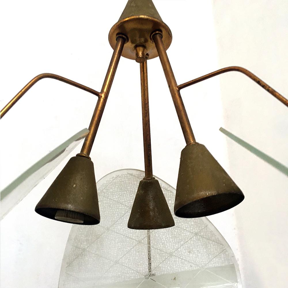 Italian Brass and Opaline Glass, Three Lights Structure Ceiling Lamp, 1950s 1
