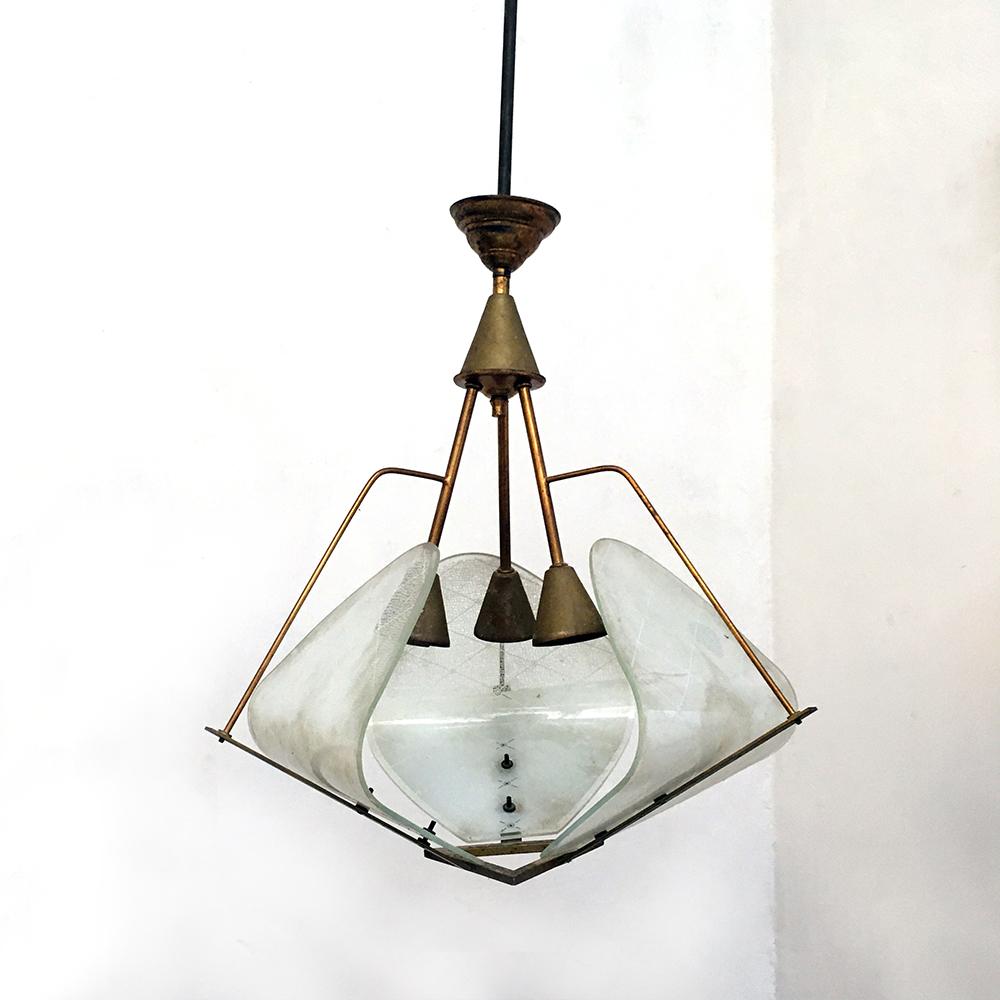 Italian Brass and Opaline Glass, Three Lights Structure Ceiling Lamp, 1950s 2