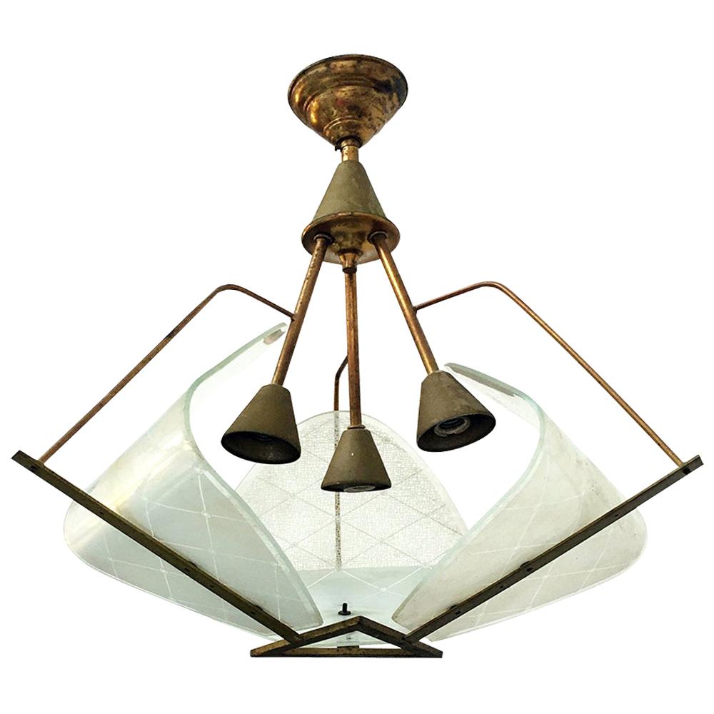 Italian Brass and Opaline Glass, Three Lights Structure Ceiling Lamp, 1950s