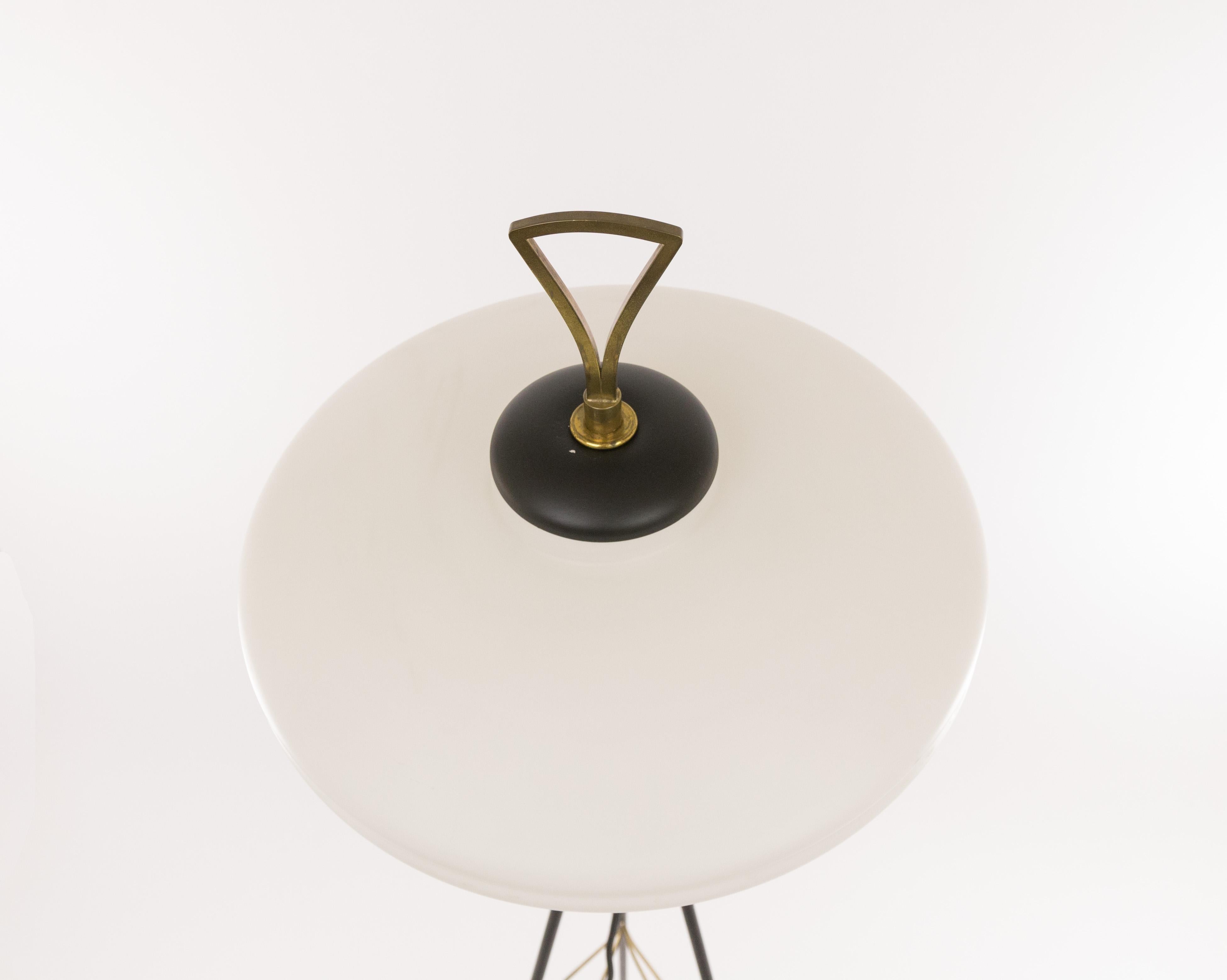 Metal Italian Brass and Opaline Glass Tripod Floor Lamp, 1950s