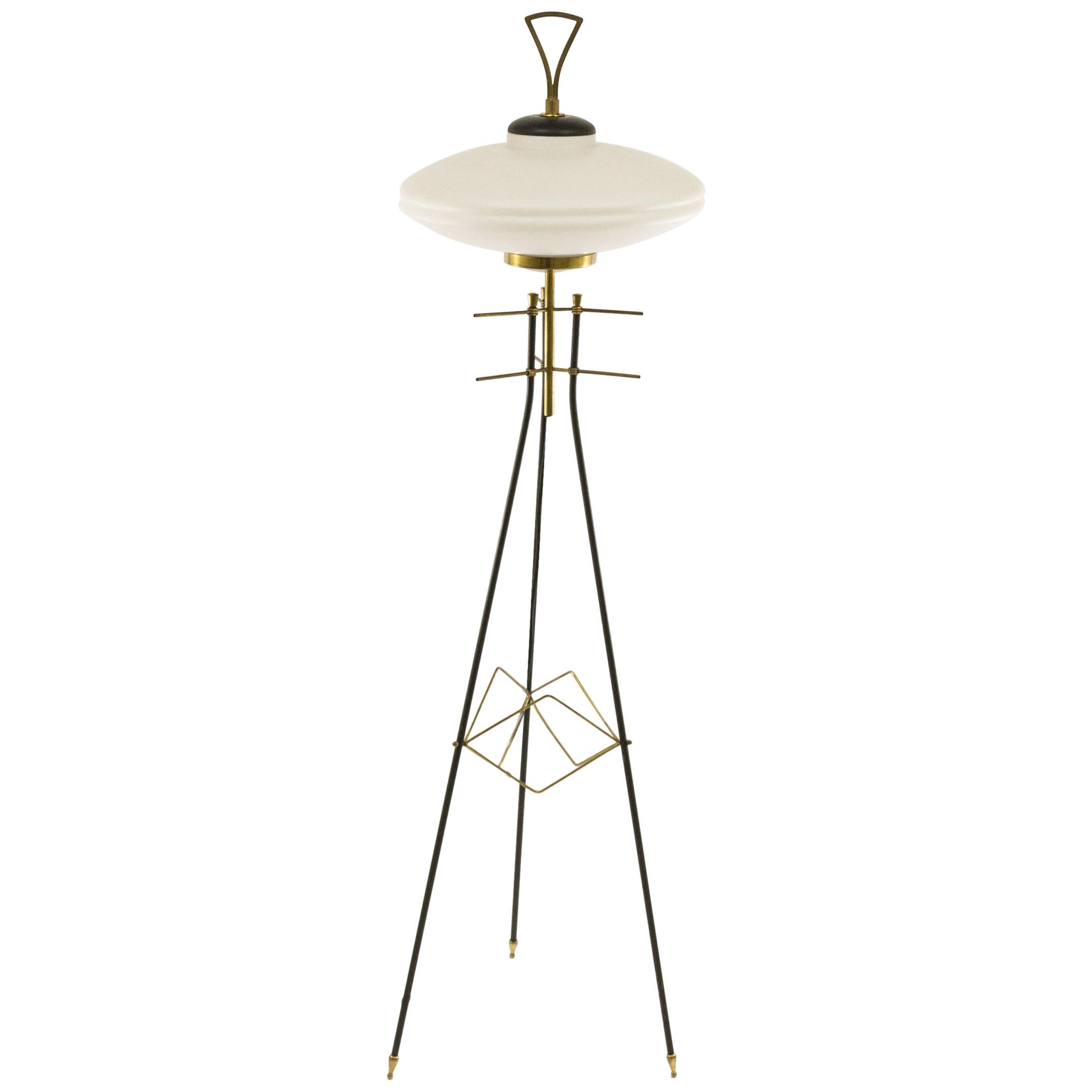 Italian Brass and Opaline Glass Tripod Floor Lamp, 1950s
