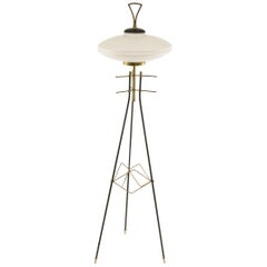 Italian Brass and Opaline Glass Tripod Floor Lamp, 1950s