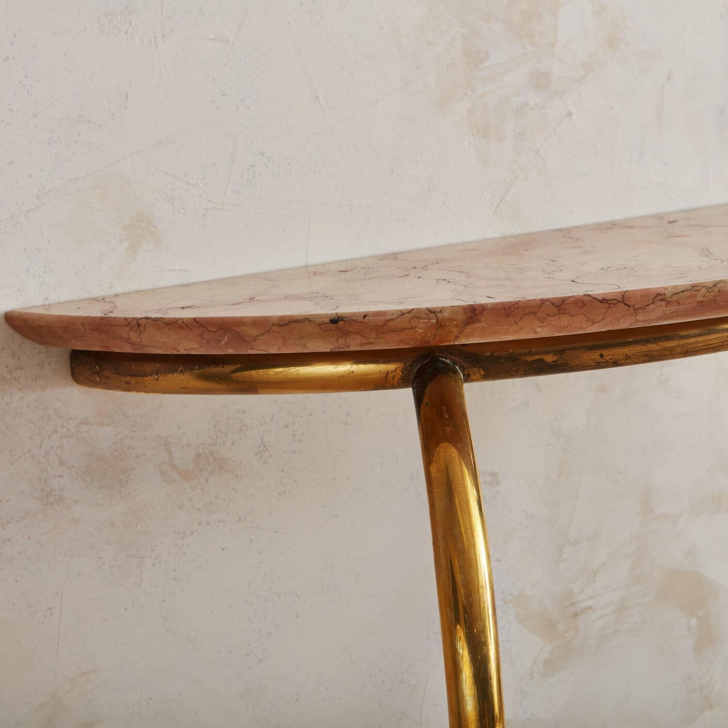 Italian Brass and Pink Marble Demilune Console Table, 1960s 7