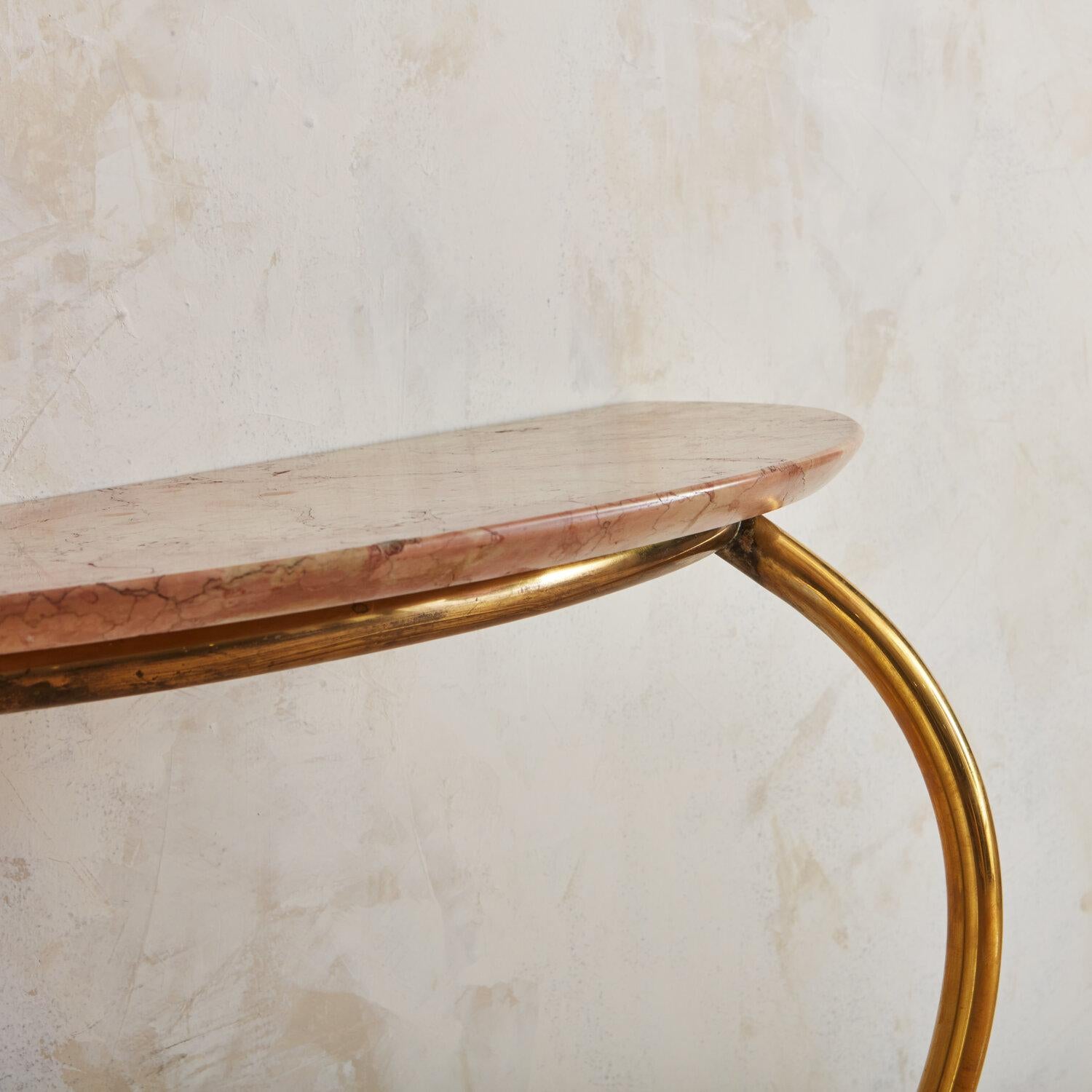 Italian Brass and Pink Marble Demilune Console Table, 1960s 8