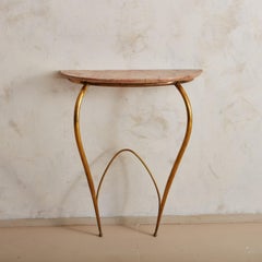 Italian Brass and Pink Marble Demilune Console Table, 1960s