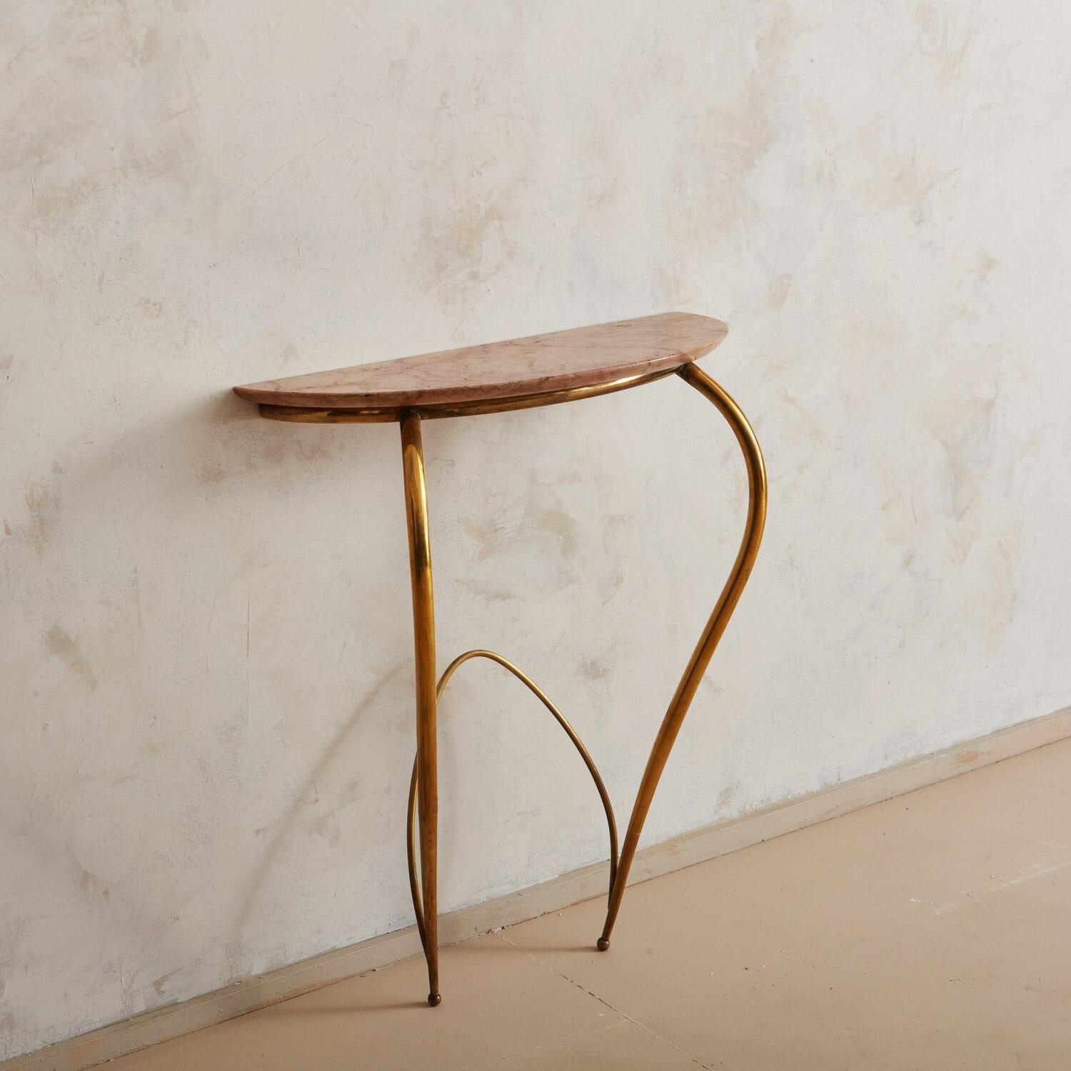 Mid-Century Modern Italian Brass and Pink Marble Demilune Console Table, 1960s