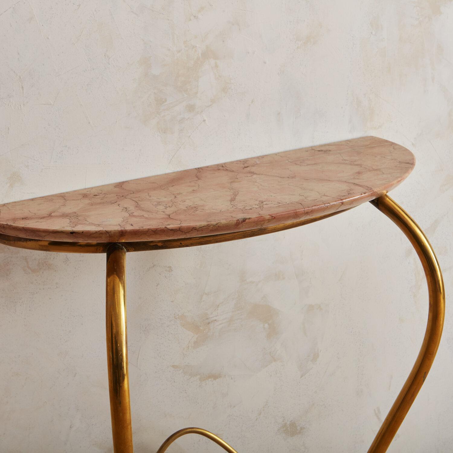 Italian Brass and Pink Marble Demilune Console Table, 1960s 1