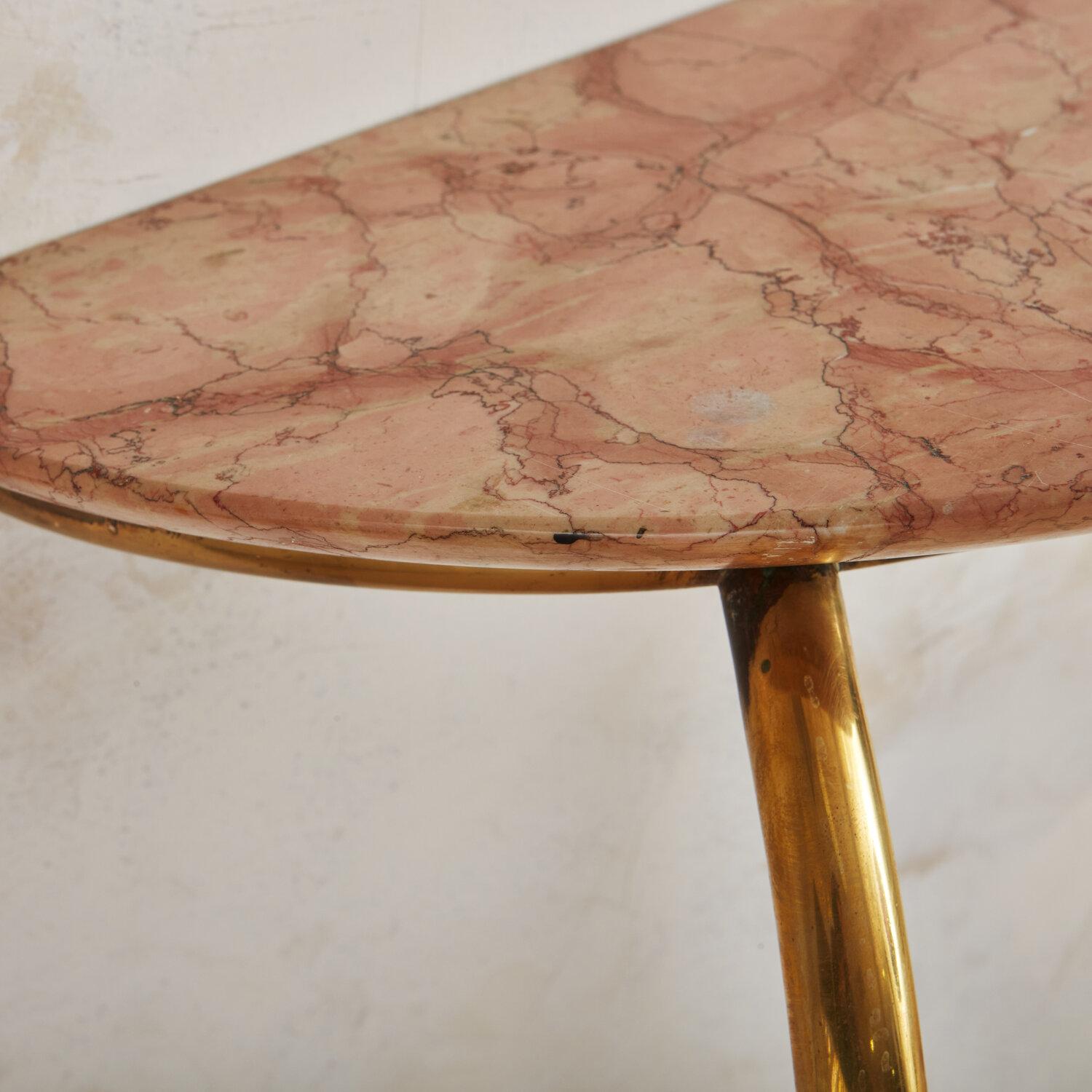 Italian Brass and Pink Marble Demilune Console Table, 1960s 2