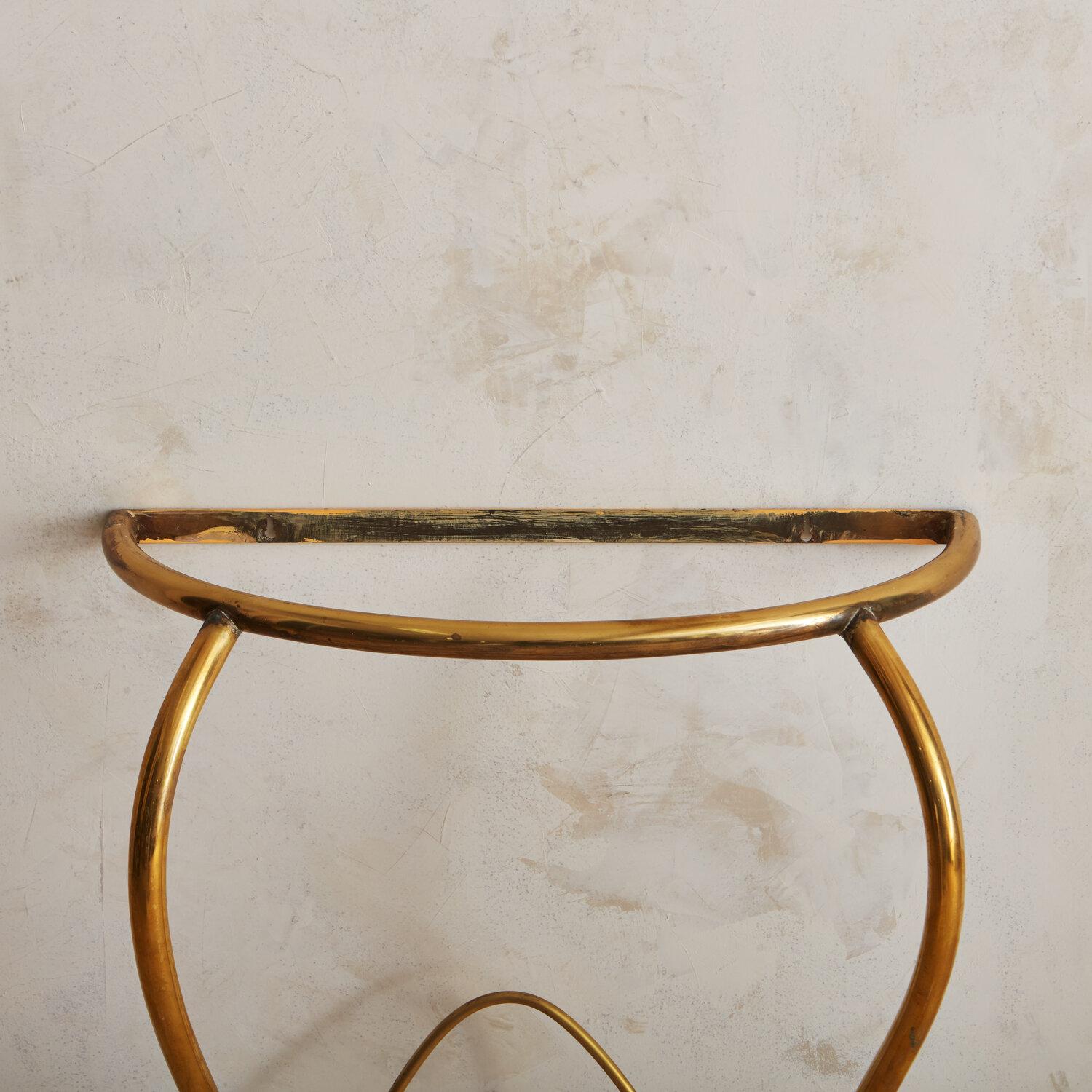 Italian Brass and Pink Marble Demilune Console Table, 1960s 3