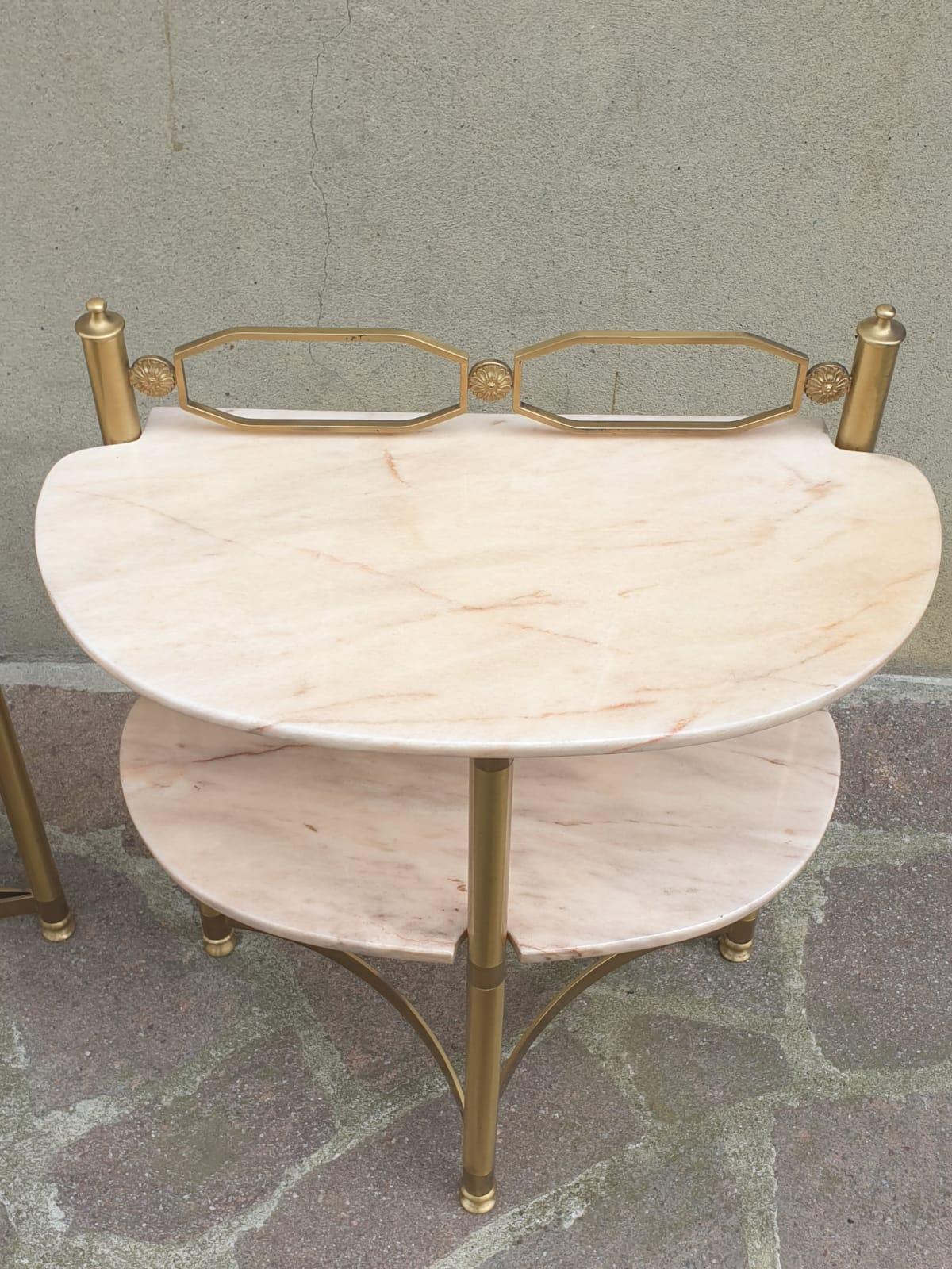 Mid-Century Modern Italian Brass and Pink Portuguese Marble Demi-Lune Side Tables or Night Stands  For Sale