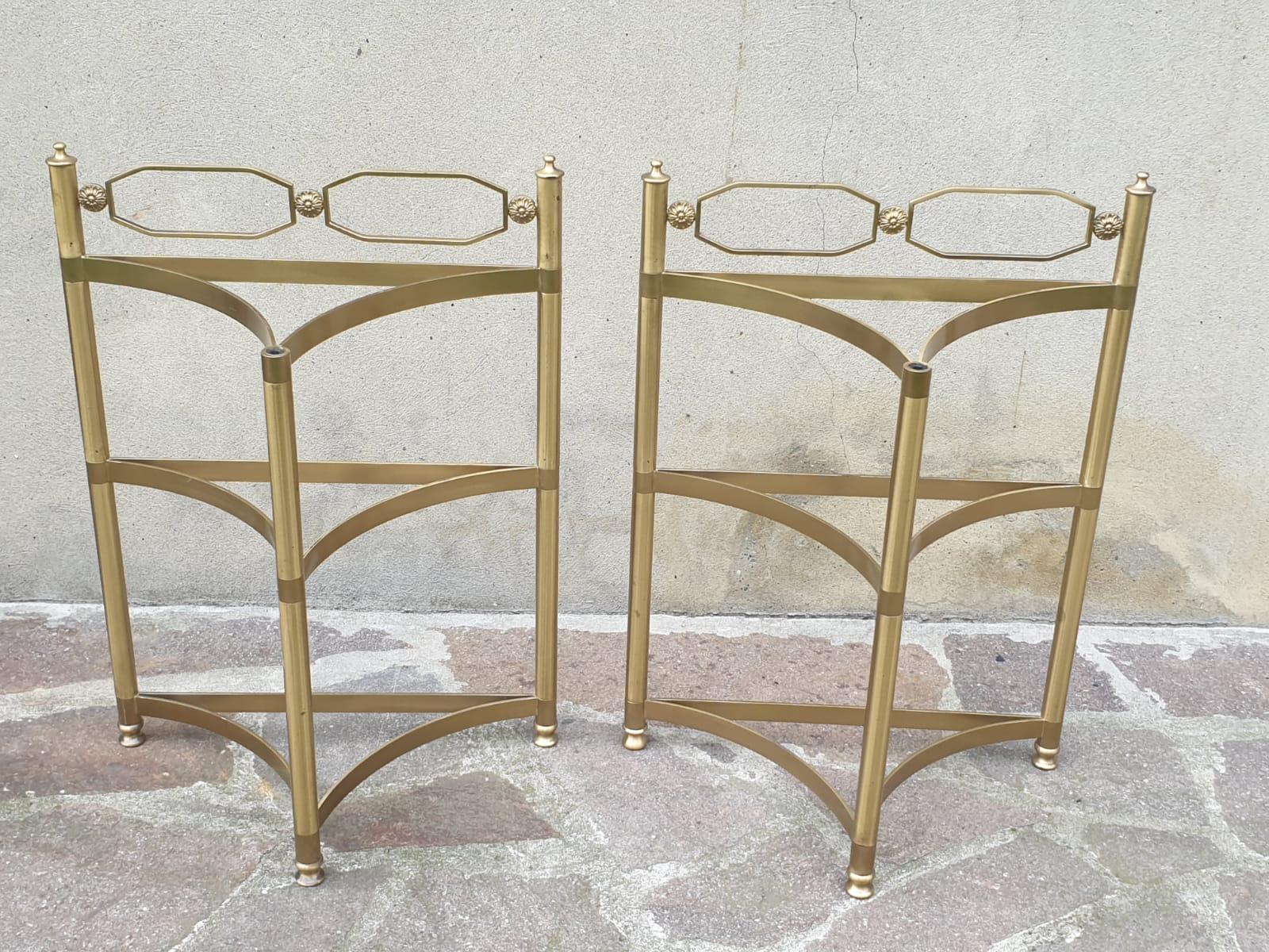 Italian Brass and Pink Portuguese Marble Demi-Lune Side Tables or Night Stands  In Good Condition For Sale In Los Angeles, CA