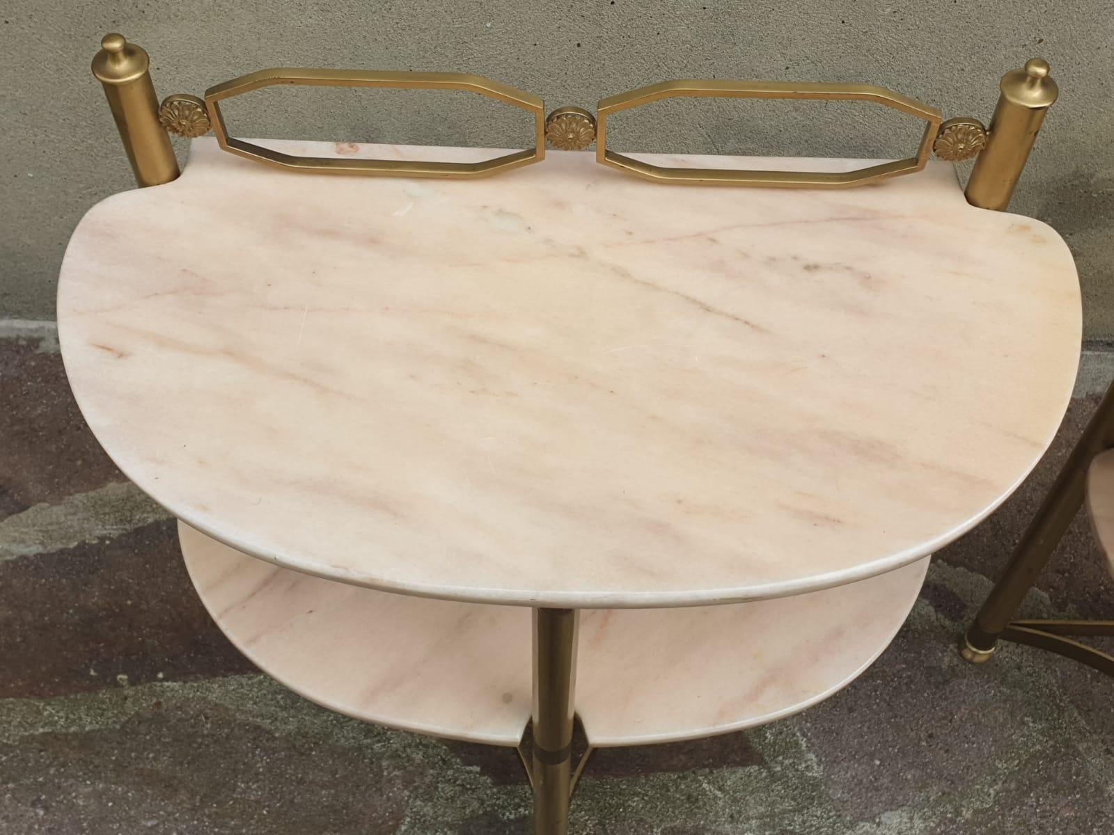 Italian Brass and Pink Portuguese Marble Demi-Lune Side Tables or Night Stands  For Sale 1