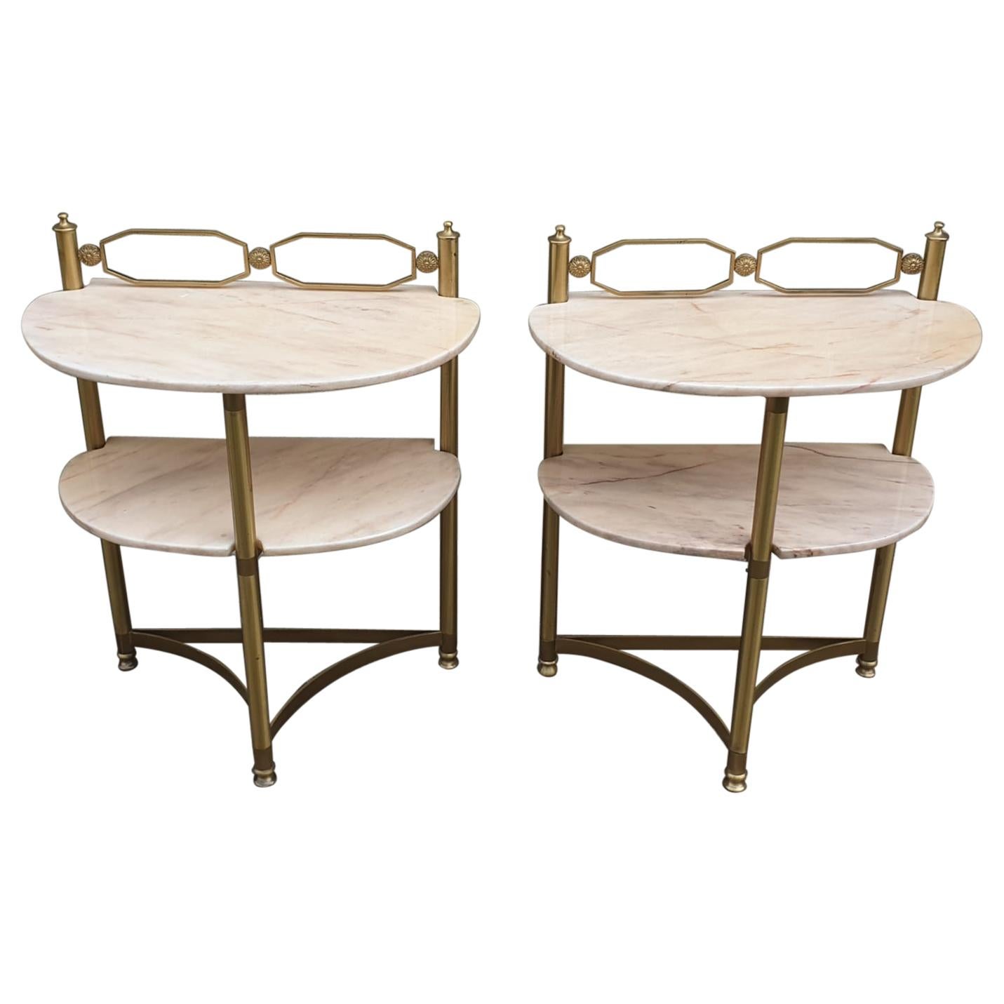 Italian Brass and Pink Portuguese Marble Demi-Lune Side Tables or Night Stands 