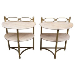 Retro Italian Brass and Pink Portuguese Marble Demi-Lune Side Tables or Night Stands 