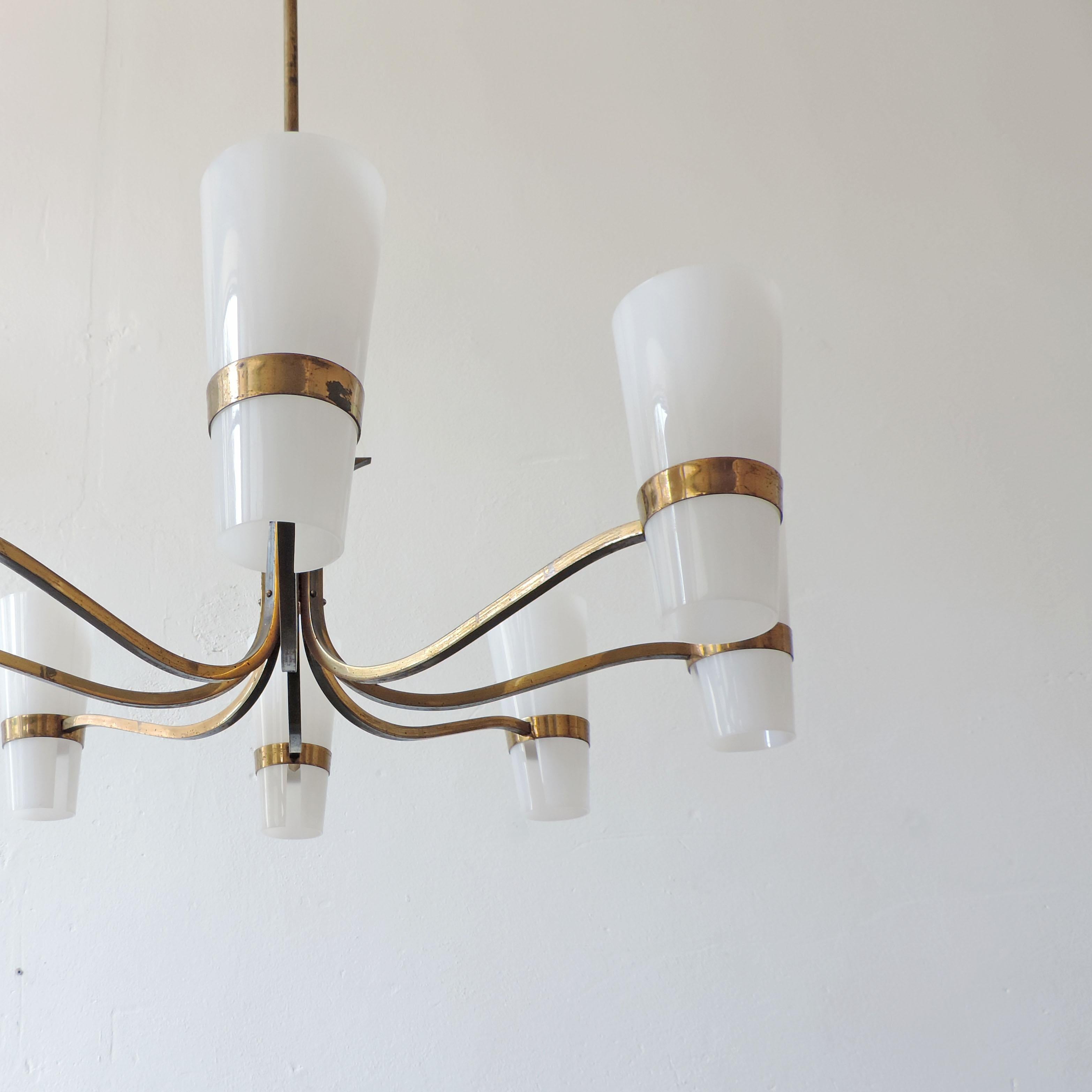 Italian brass, burnished brass and plexiglass 1950s ceiling lamp.