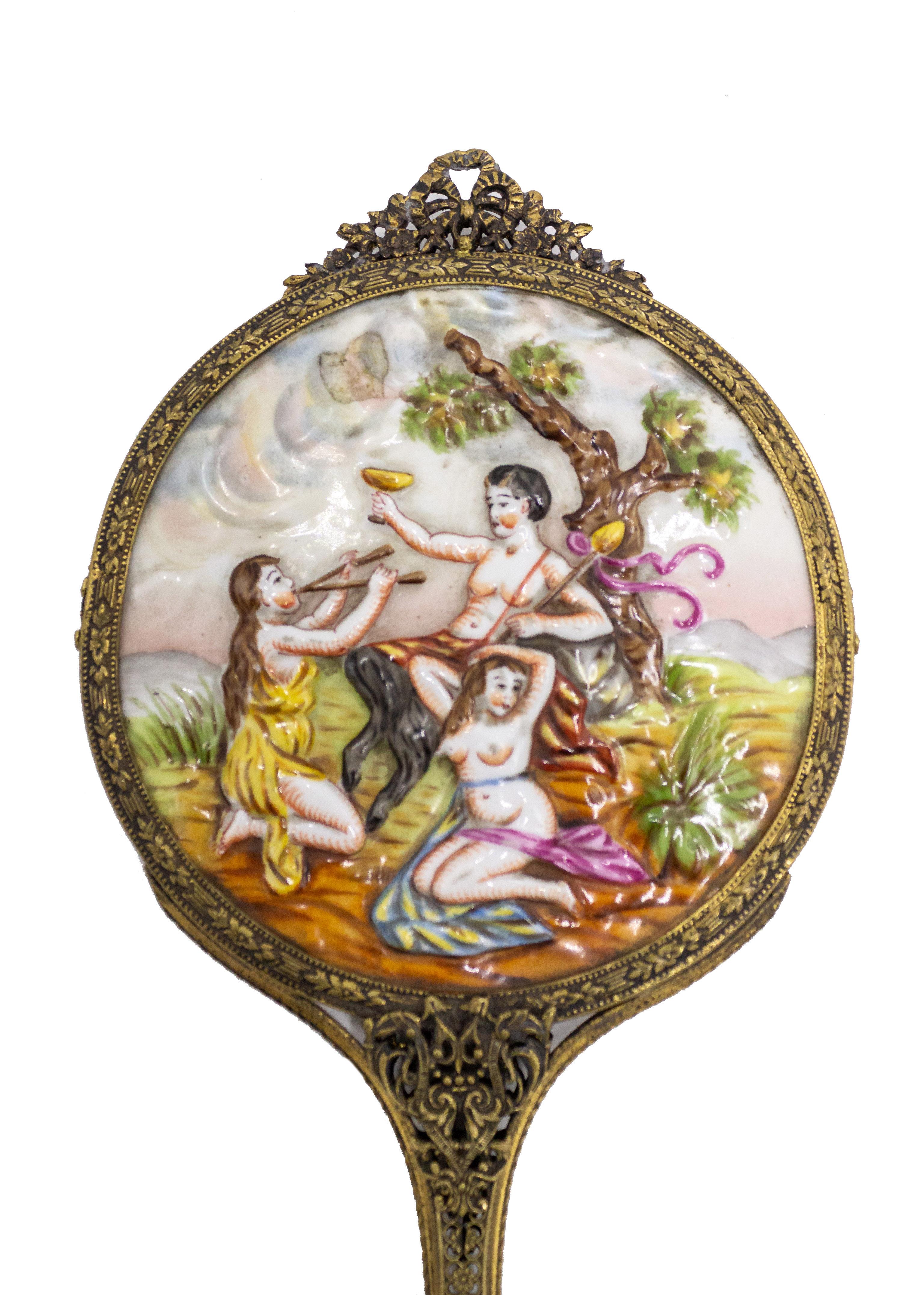 Italian Brass and Porcelain Hand Mirror of a Bacchanalia Scene by Capodimonte In Good Condition For Sale In New York, NY