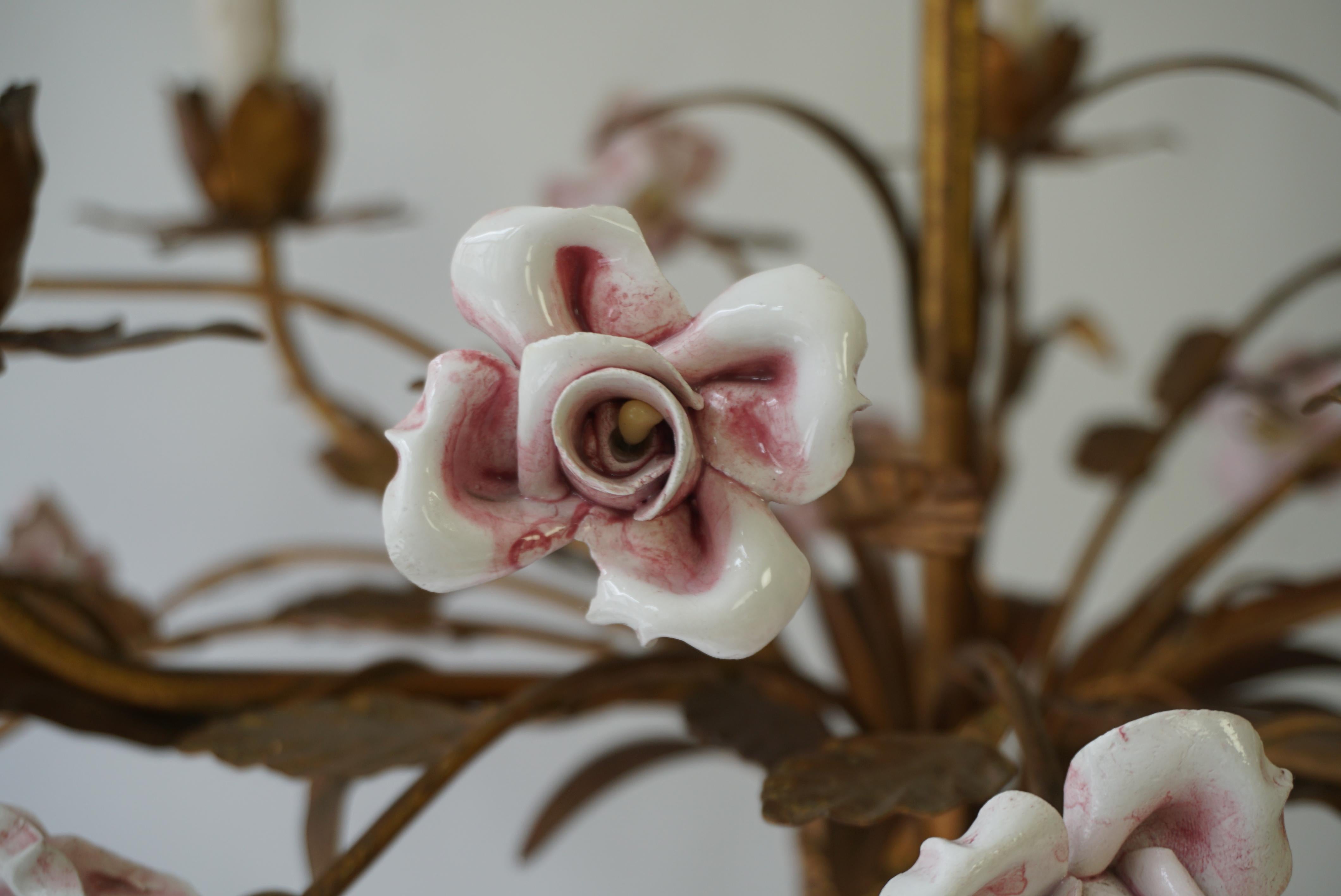 Italian Brass and Porcelain White and Pink Roses Tole Chandelier 5