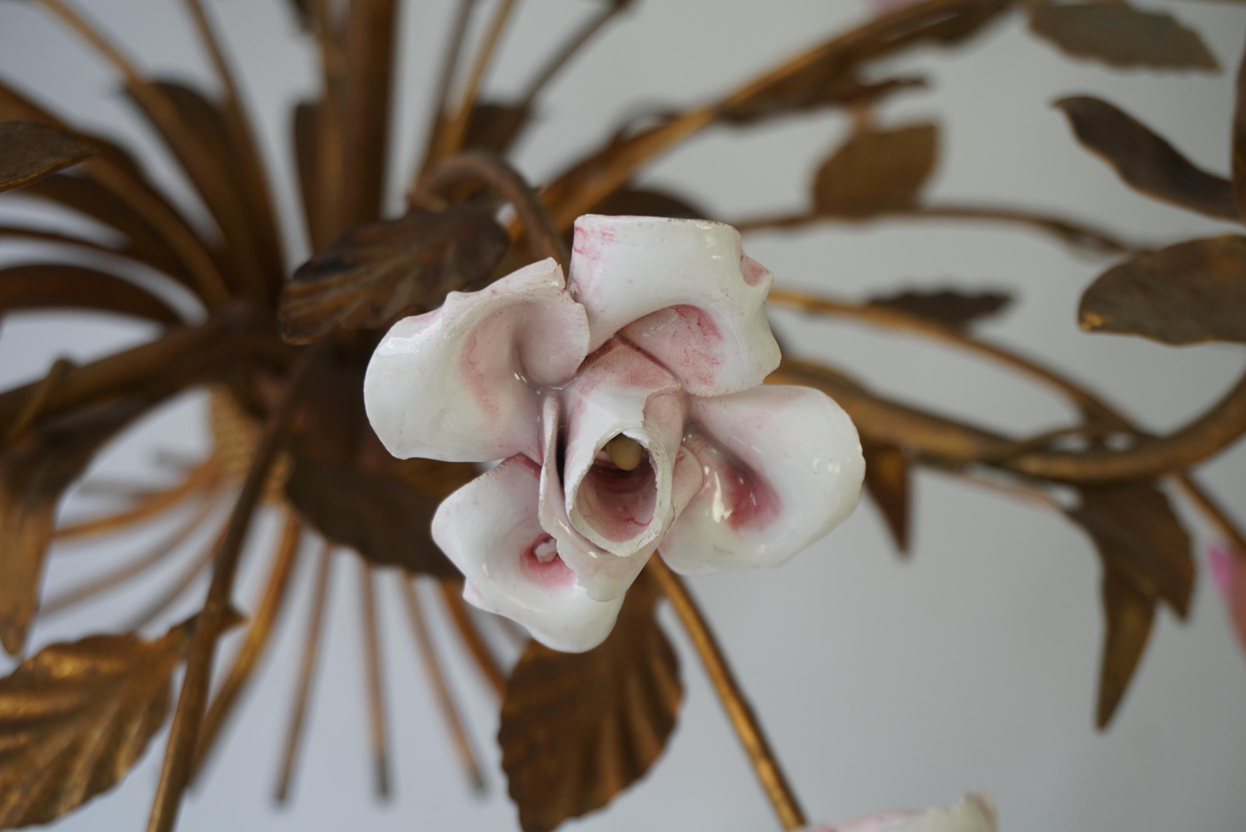Italian Brass and Porcelain White and Pink Roses Tole Chandelier 6