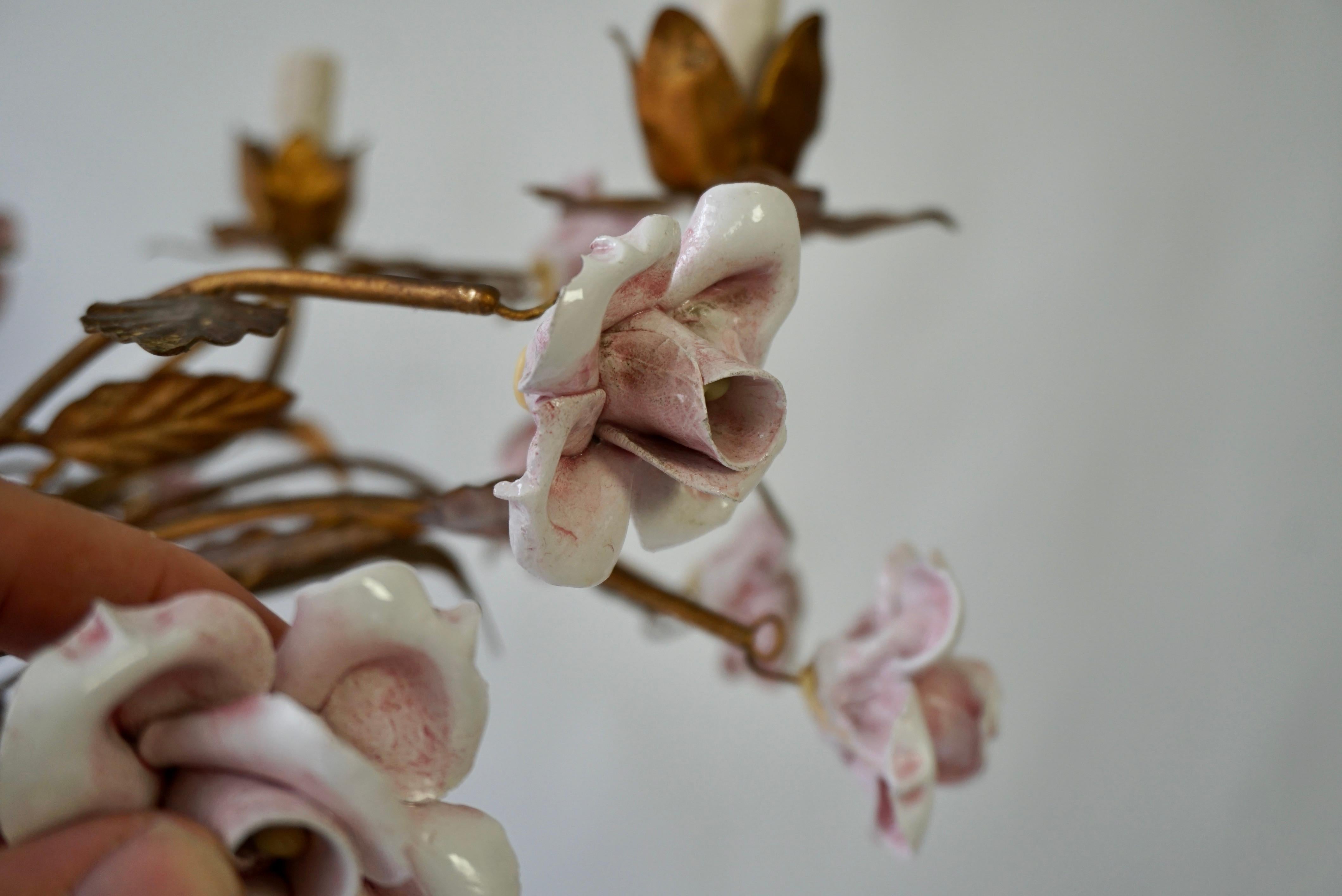 Italian Brass and Porcelain White and Pink Roses Tole Chandelier 7
