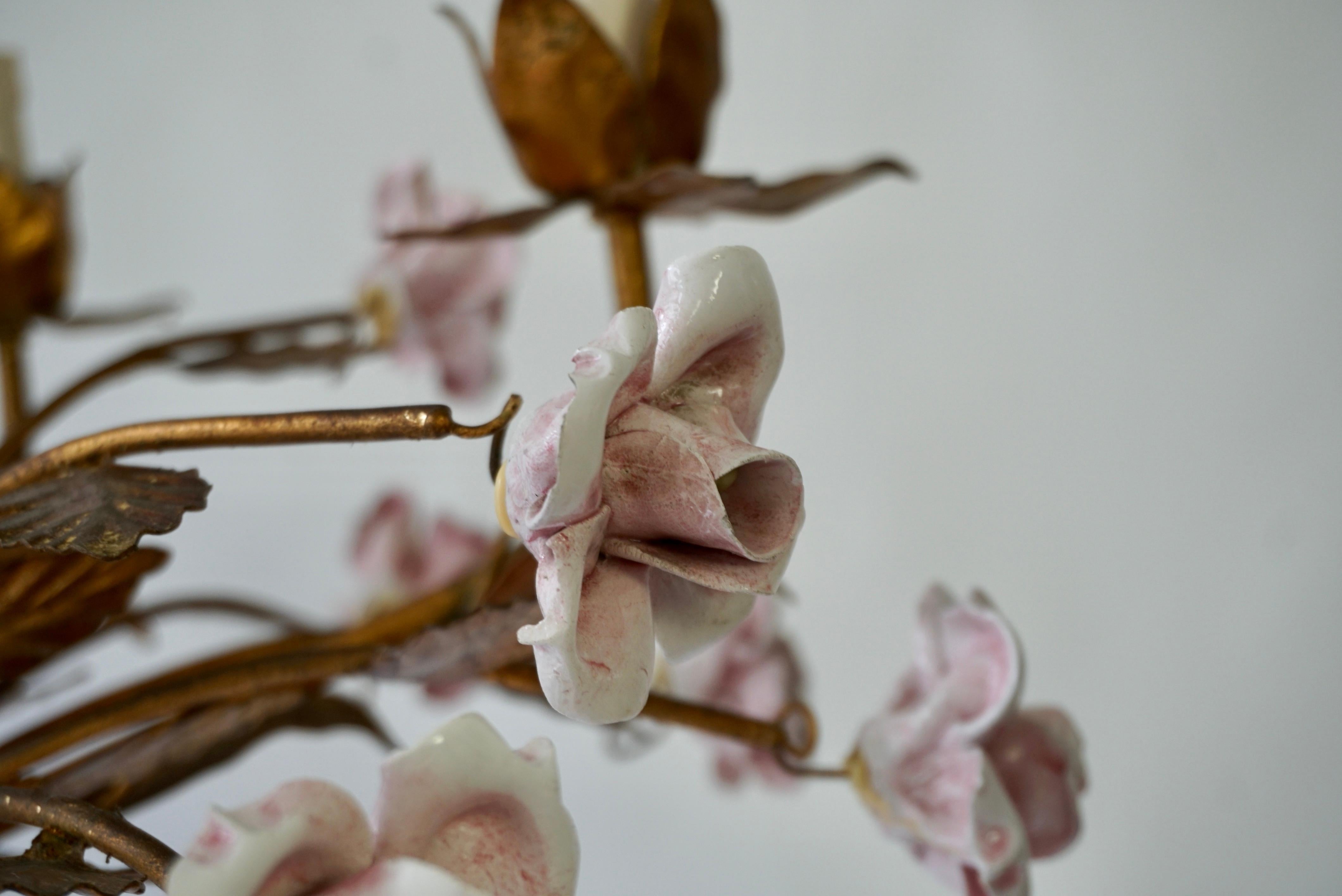 Italian Brass and Porcelain White and Pink Roses Tole Chandelier 8