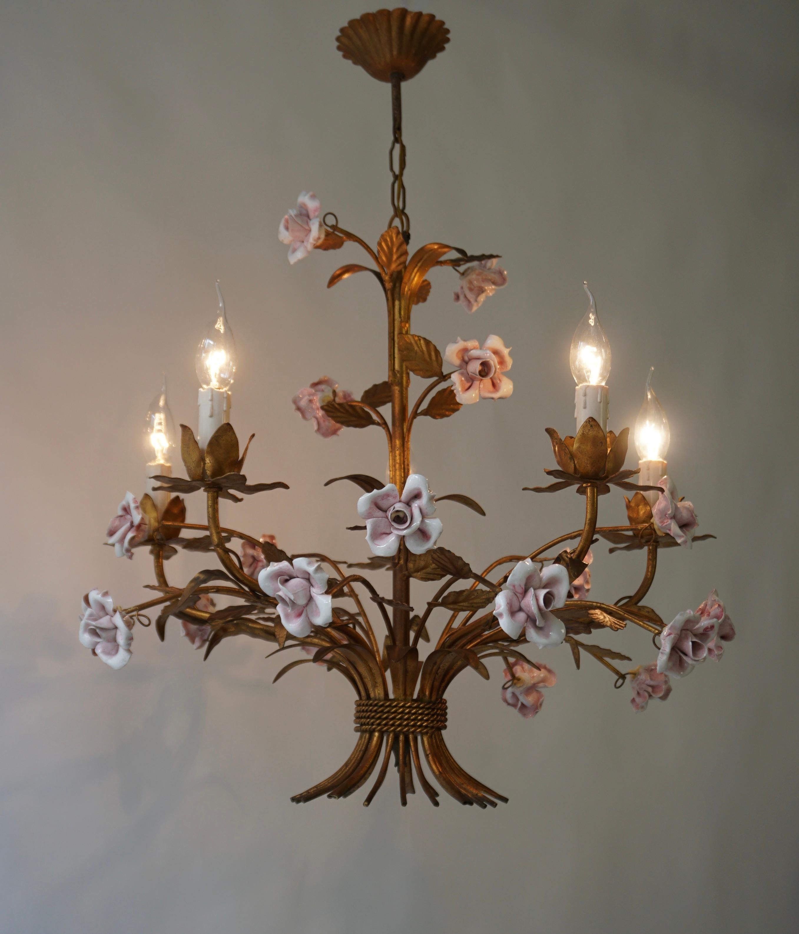 Hollywood Regency Italian Brass and Porcelain White and Pink Roses Tole Chandelier