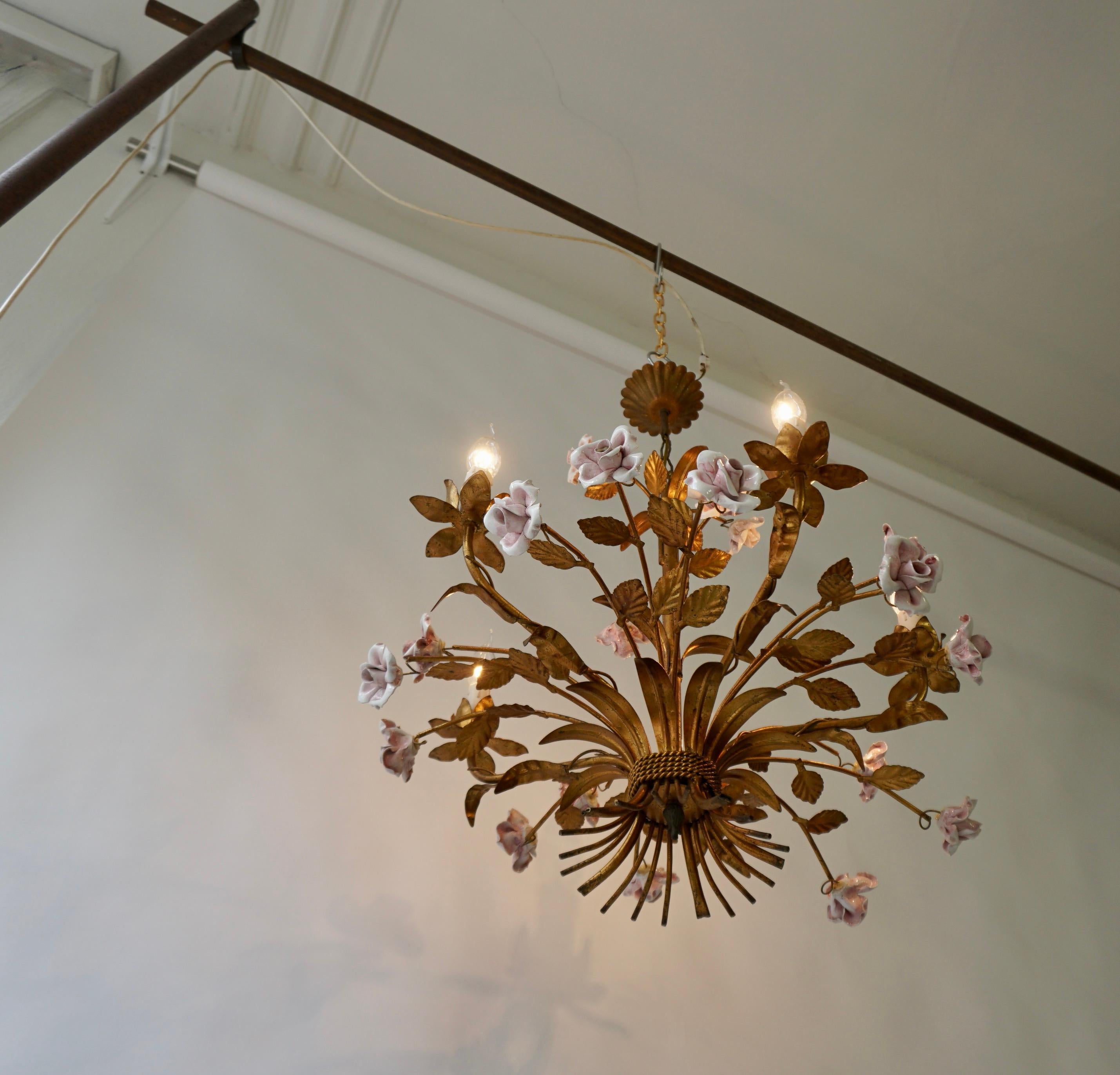 20th Century Italian Brass and Porcelain White and Pink Roses Tole Chandelier