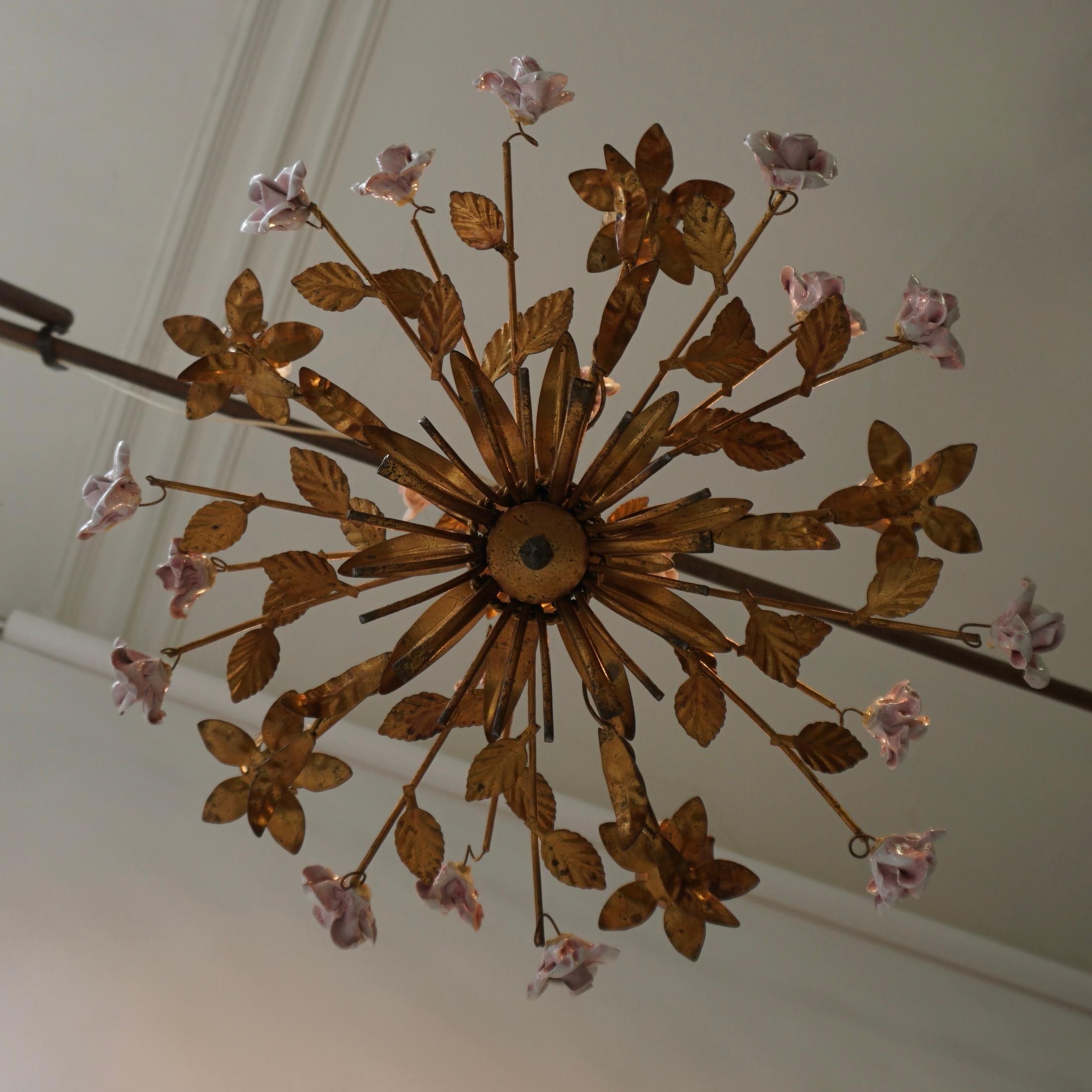 Italian Brass and Porcelain White and Pink Roses Tole Chandelier 1