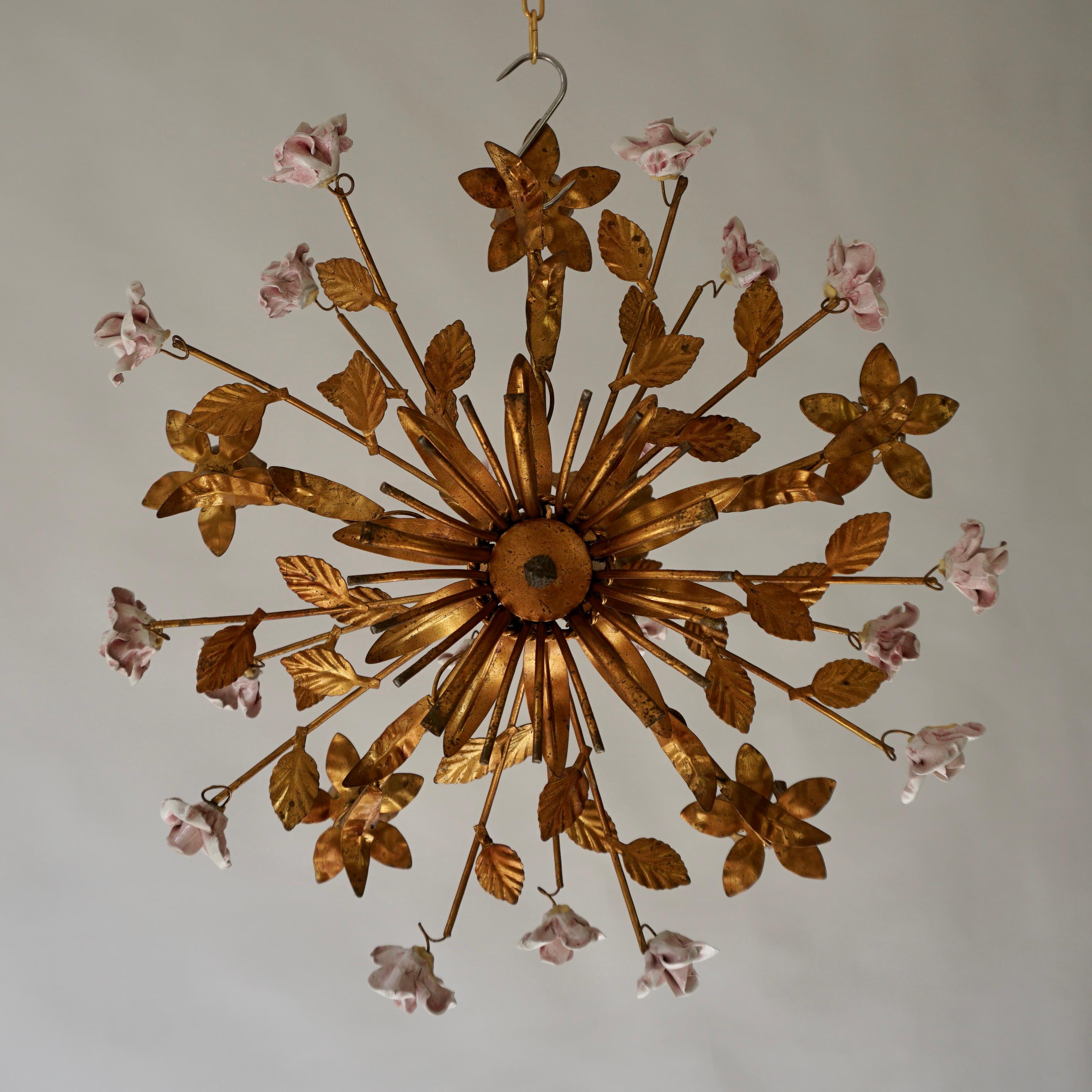 Italian Brass and Porcelain White and Pink Roses Tole Chandelier 2
