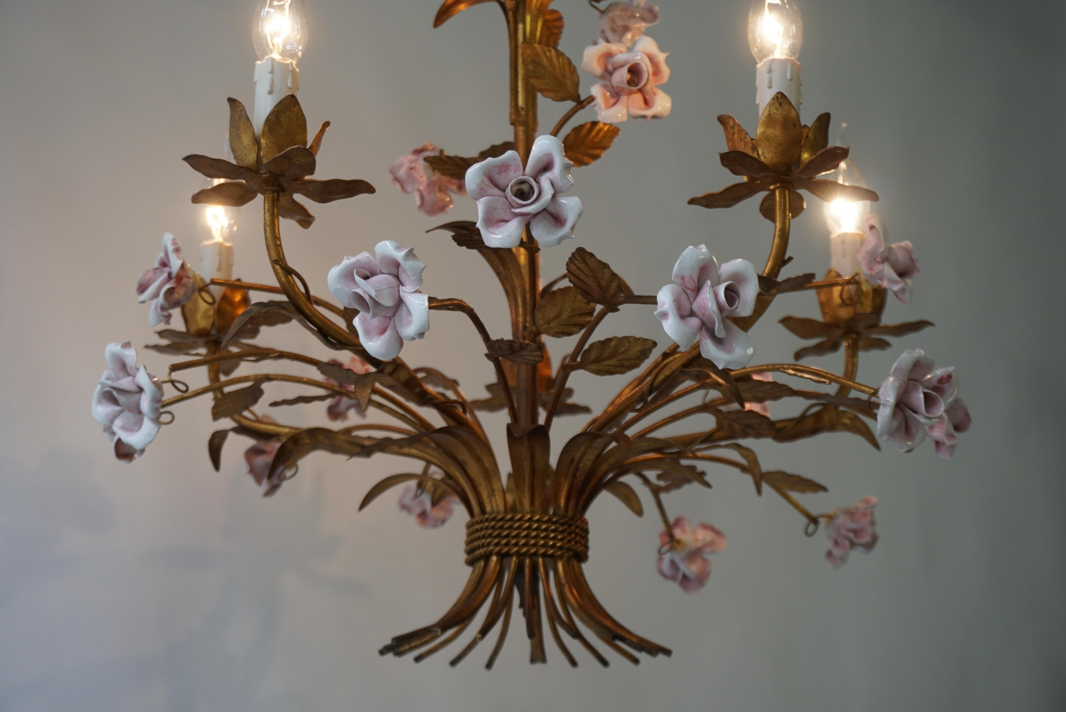 Italian Brass and Porcelain White and Pink Roses Tole Chandelier 3
