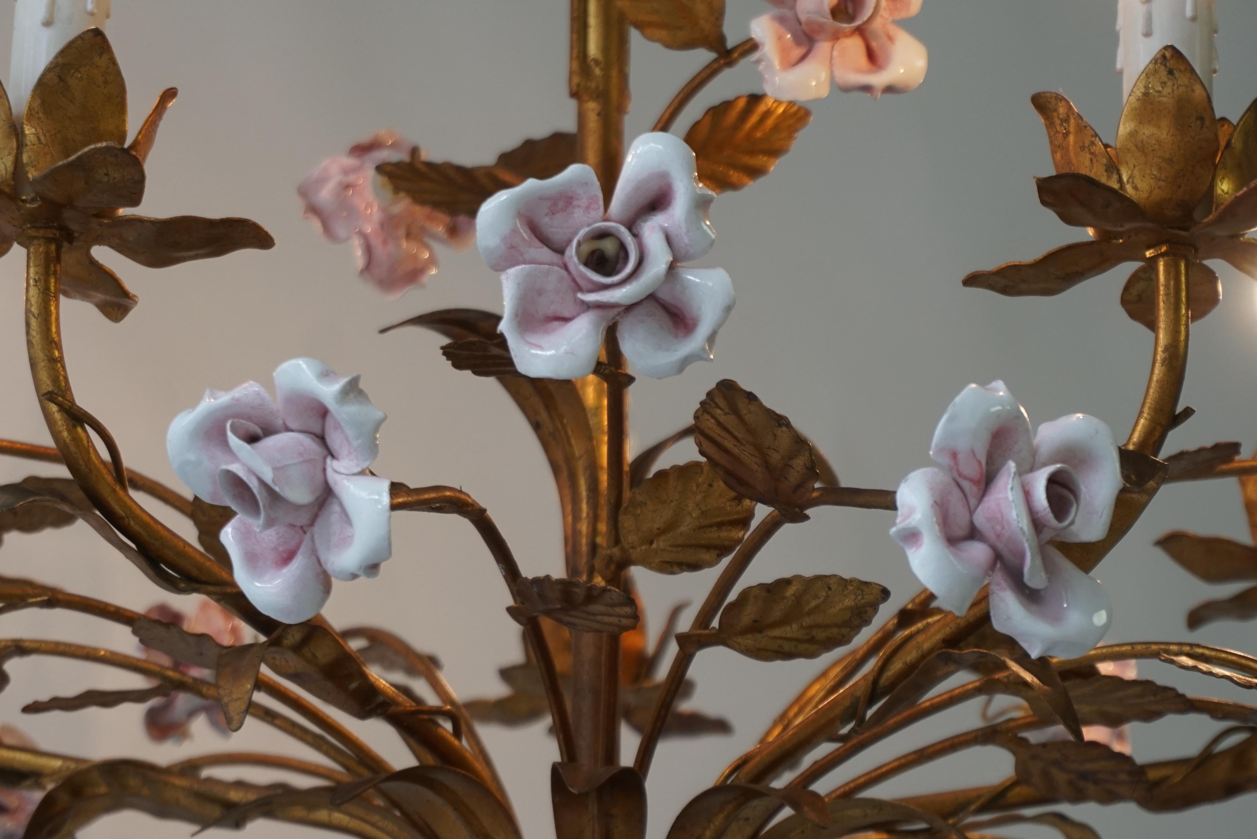 Italian Brass and Porcelain White and Pink Roses Tole Chandelier 4