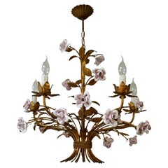 Italian Brass and Porcelain White and Pink Roses Tole Chandelier