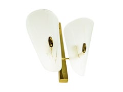 Italian Brass and Sandblasted Glass Mid-Century Sconce with curved glass shades