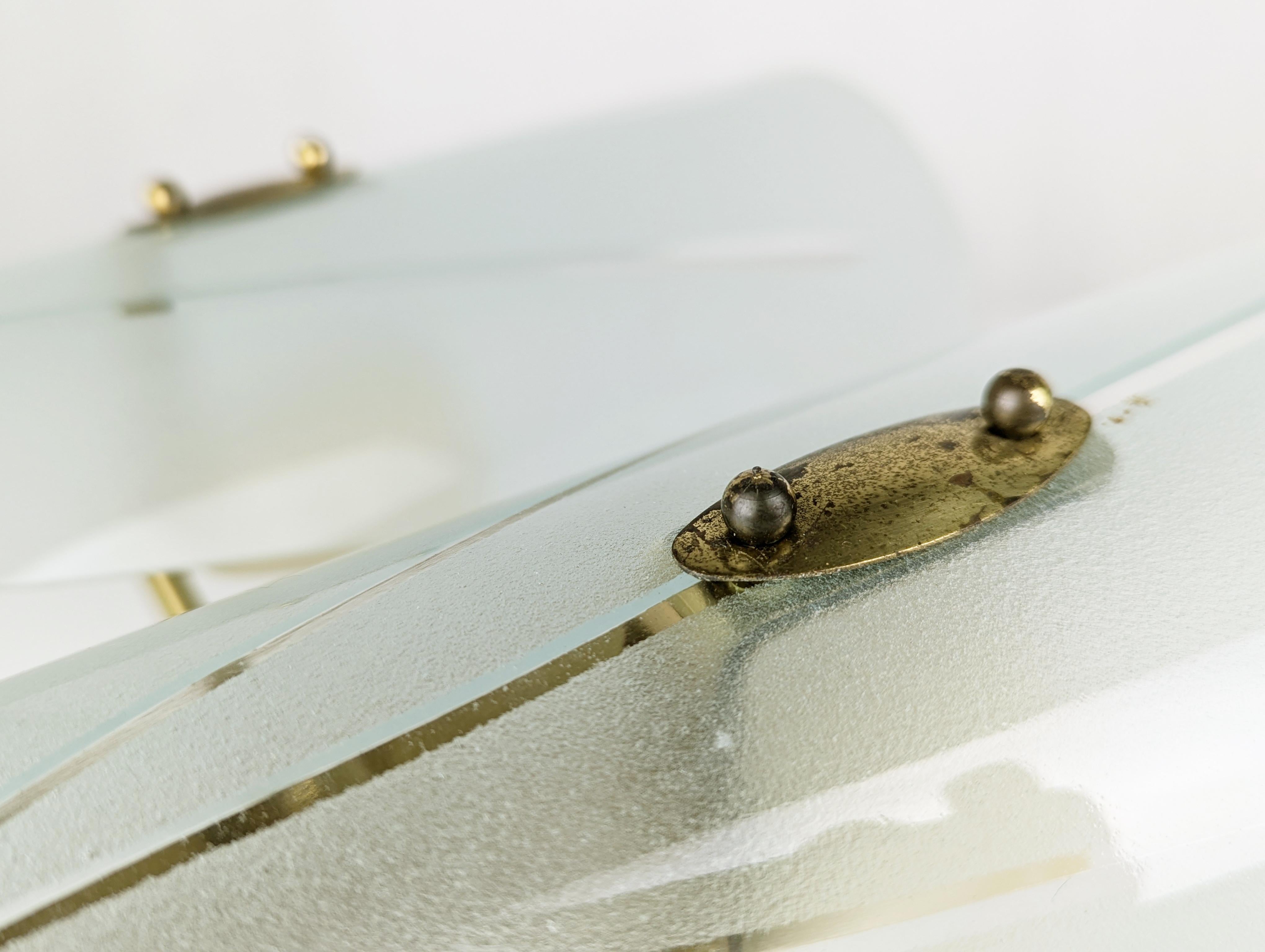 Painted Italian Brass and Sandblasted Glass Mid-Century Sconce with curved glass shades For Sale