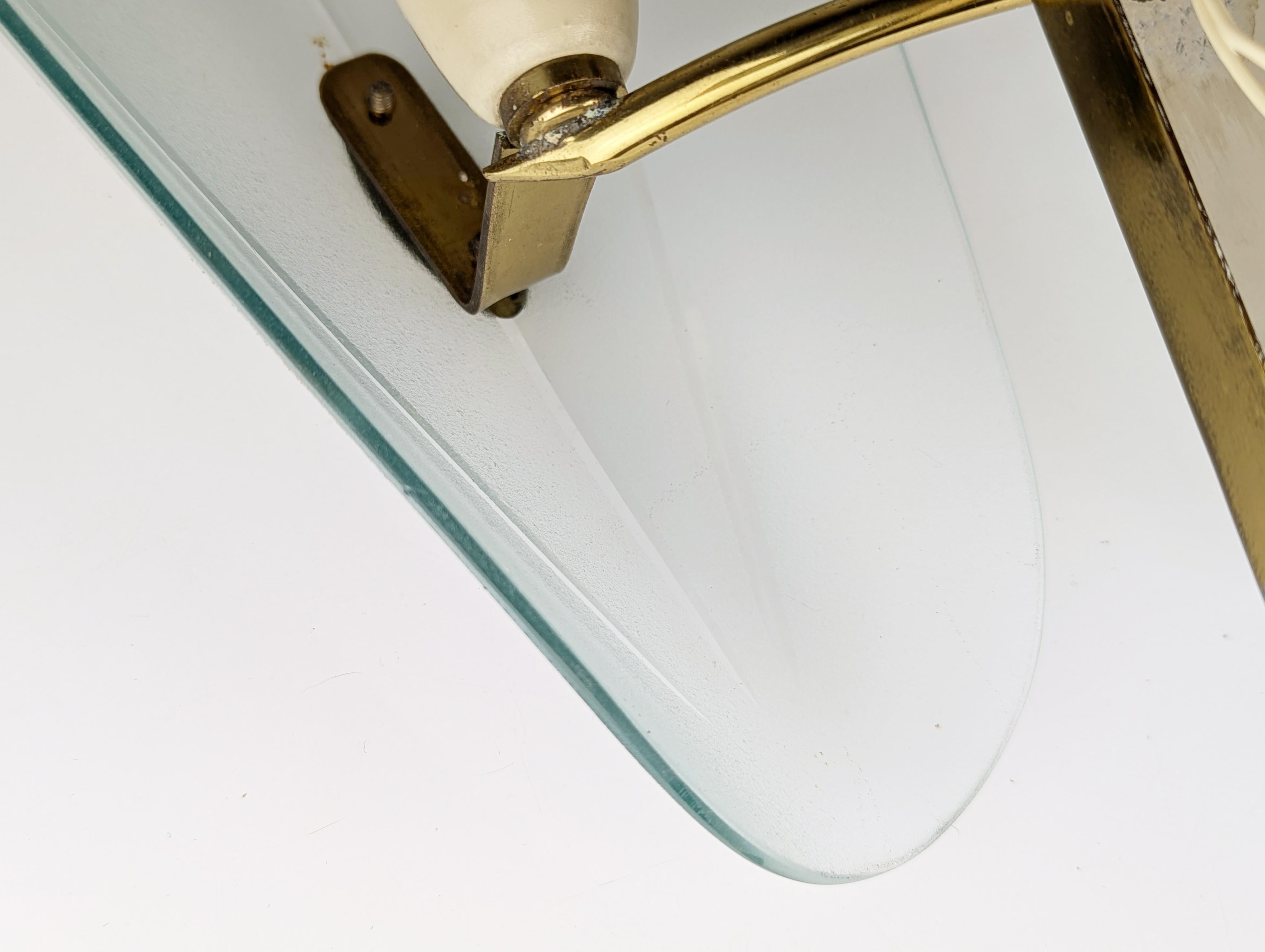 Mid-20th Century Italian Brass and Sandblasted Glass Mid-Century Sconce with curved glass shades For Sale