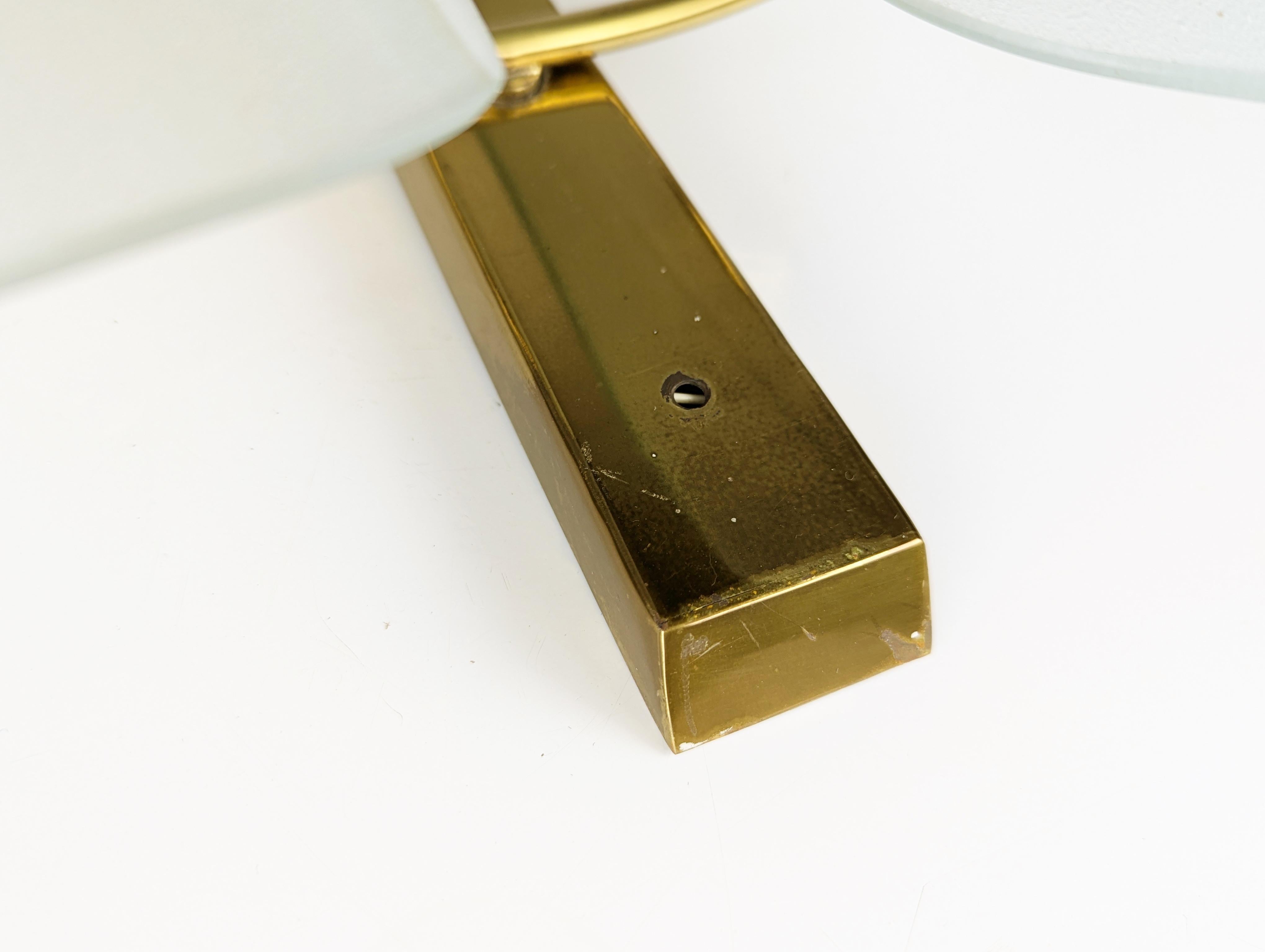 Italian Brass and Sandblasted Glass Mid-Century Sconce with curved glass shades For Sale 1