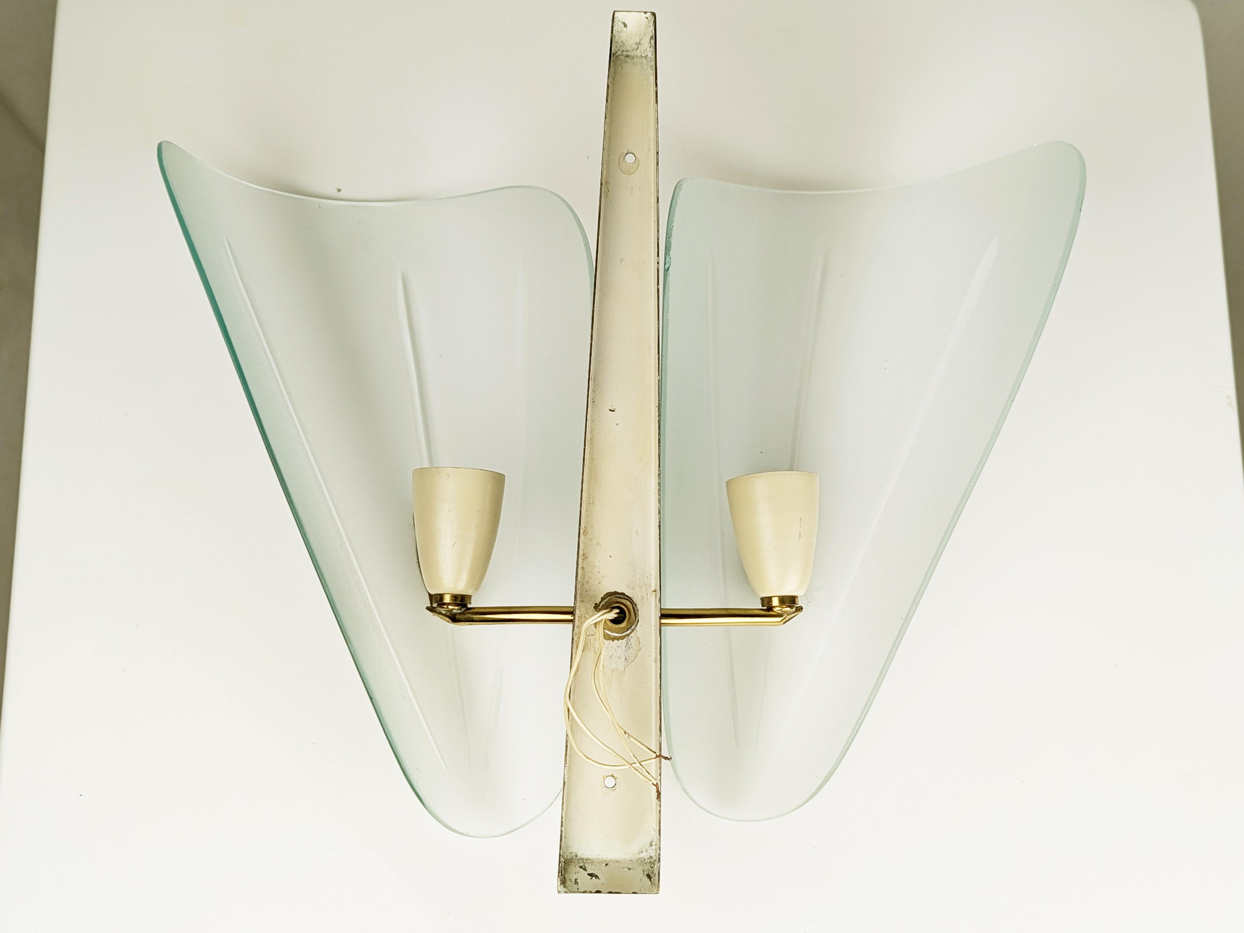 Italian Brass and Sandblasted Glass Mid-Century Sconce with curved glass shades For Sale 2